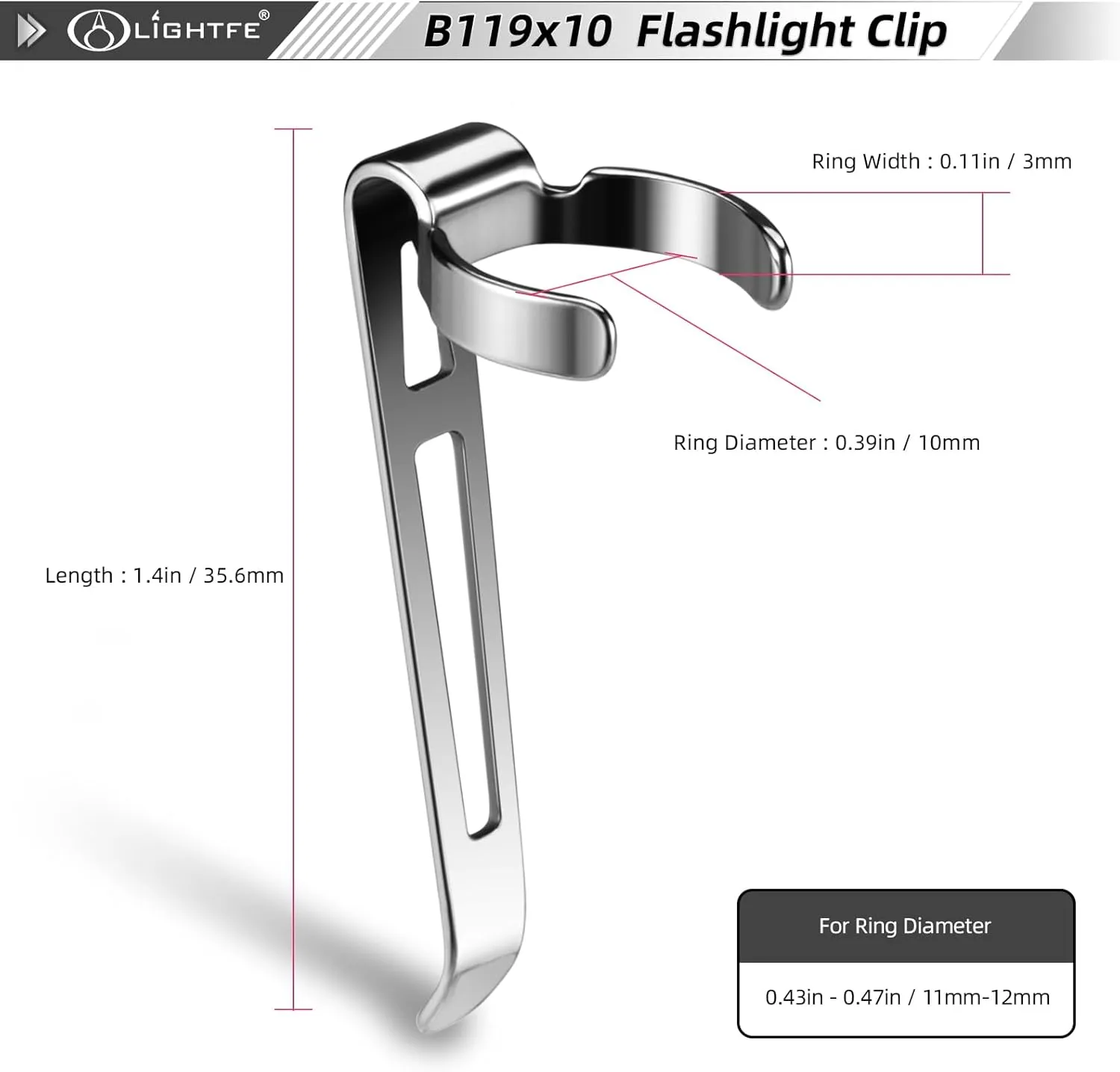 10-Pack B119X10 Flashlight Clips, Durable Stainless Steel Pen Clip, Convenient to Carry