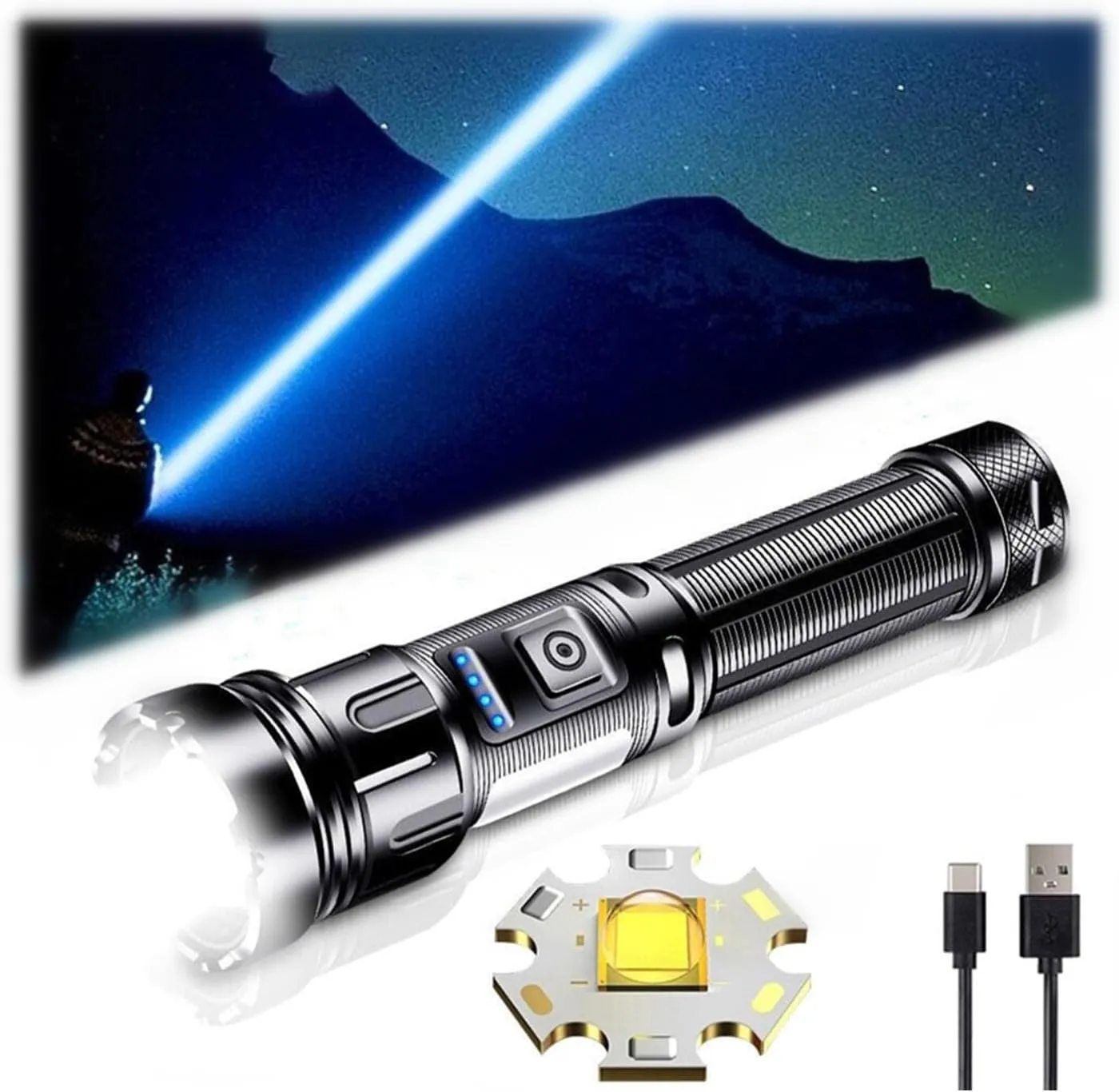 1000000 Lumens LED Flashlight,Super Bright USB Rechargeable Tactical Torch,High Powerful Handheld Searchlight,IPX5 Waterproof,Zoomable,7 Light Modes,Magnetic Tail, Black