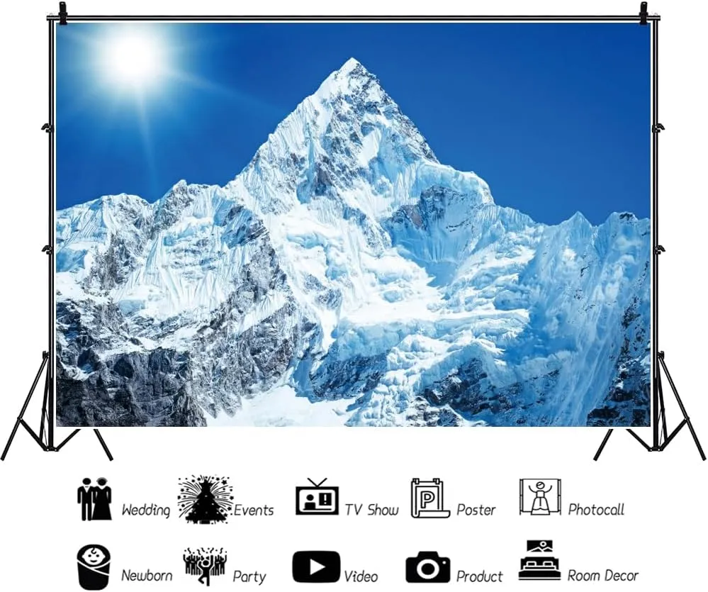 10x8ft White Iceberg Backdrops for Photography Snow Mountain Winter Wedding Backdrop Banner Polar Region North Pole Ice Shelf Snow Mountains Background Blue Sky Sunrise Photoshoot Props