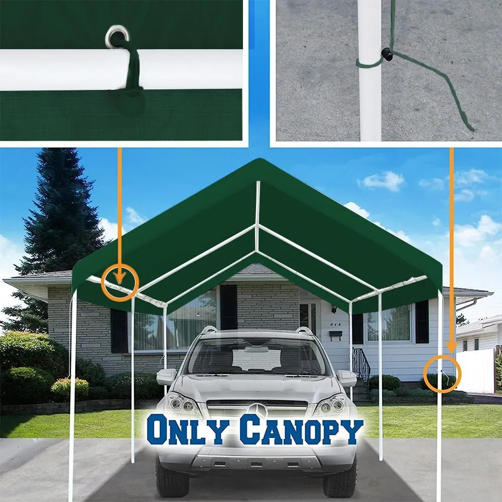 12'x20' Upgraded Carport Replacement Top Canopy Cover for Car Garage Shelter Tent Party Tent with Ball Bungees Green (Only Top Cover, Frame is not Included)