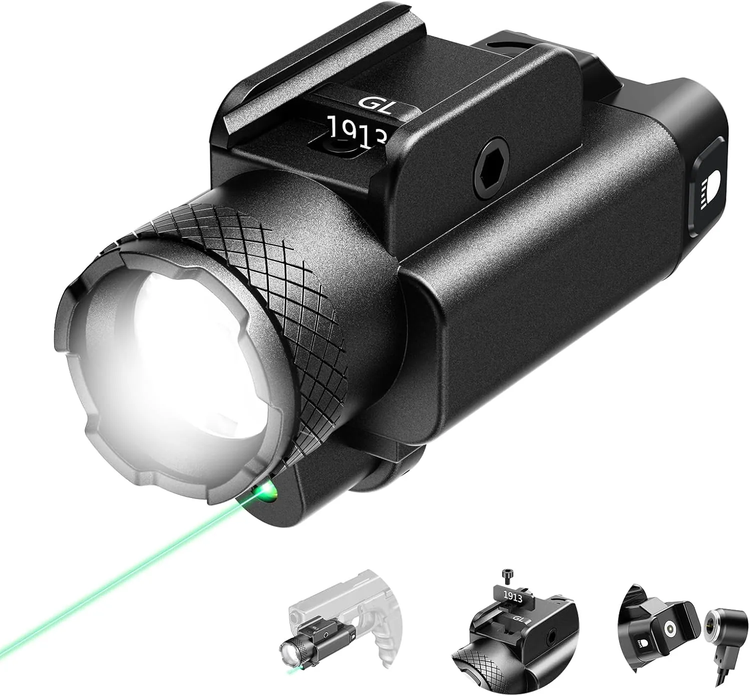 1500 Lumen WeaponLight,Tactical Flashlight Green Laser and White LED Combo with Weaponlight Tactical Strobe,Magnetic USB Rechargeable,Compatible with 1913 or GL Rail, Built-in Battery