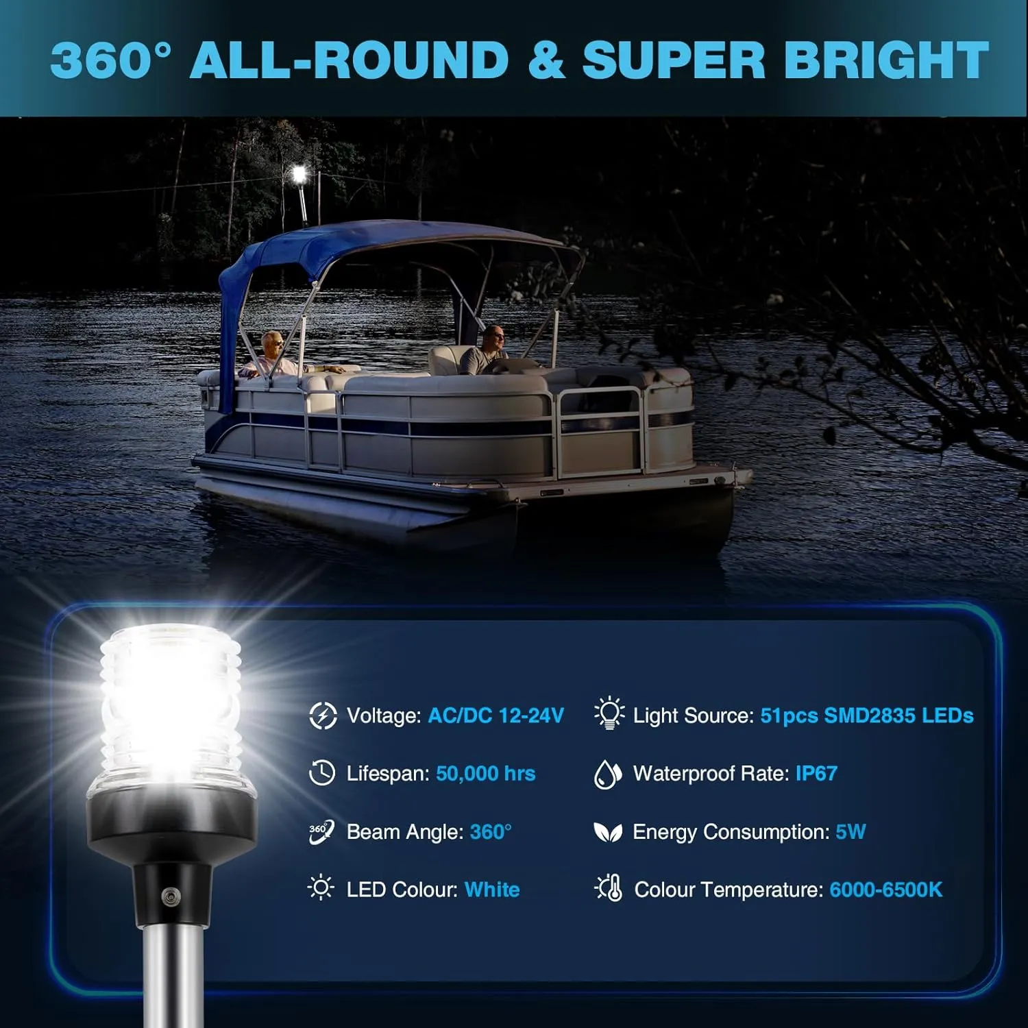 18 Inches Anchor Light Boat Stern Light Waterproof IP67, White Fold Down Marine Navigation Lights for Boats LED for Pontoon, Jon Boat and Bass Boats (12-24V)