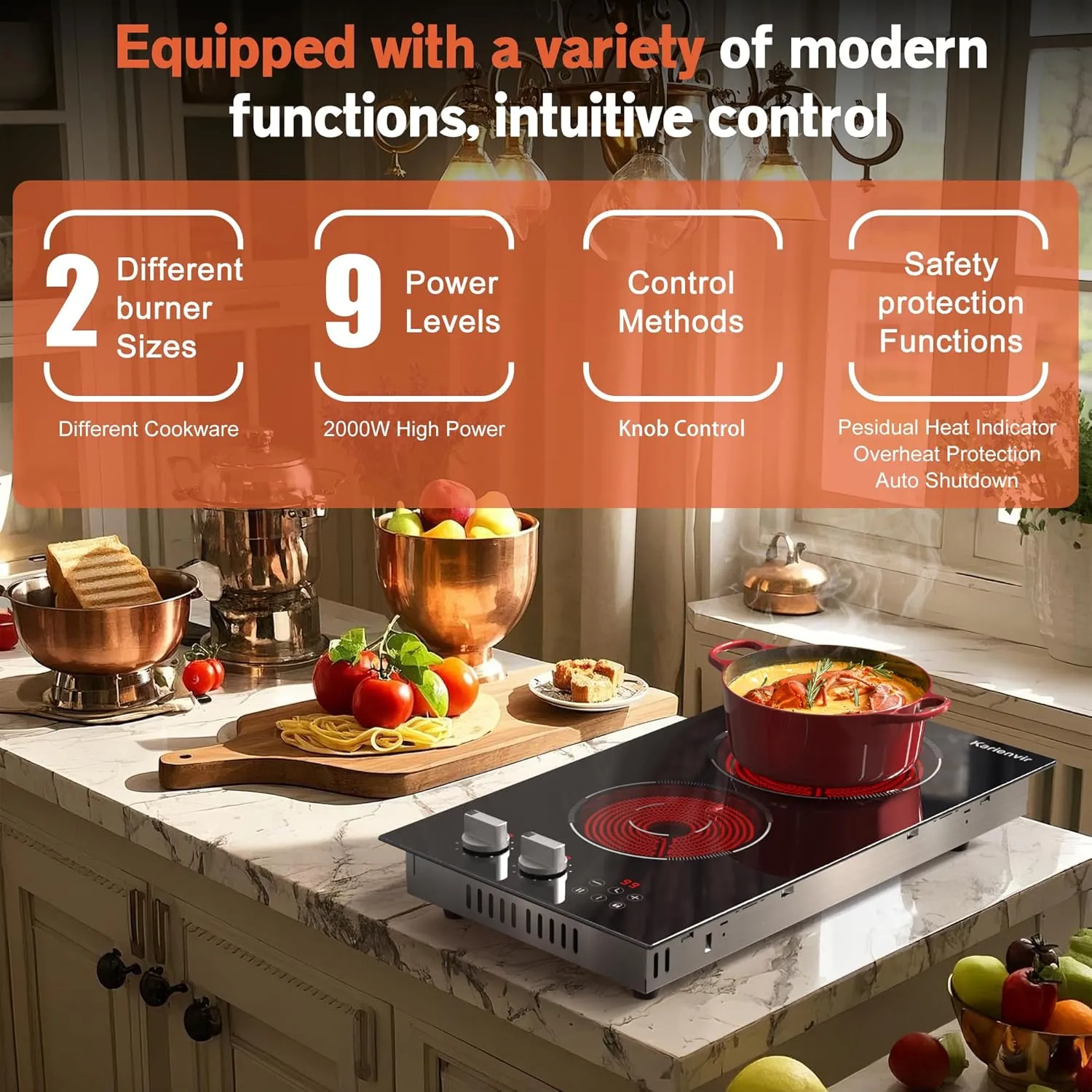 2 Bruner Electric Cooktop, Plug in Cooktop 110v, 12 Inch Kitchen Electric Stove Countertop & Built-In, Knob and Touch Control, 9 Power Levels, 2000w, Safety Lock, Pause, Timer, Karienvir