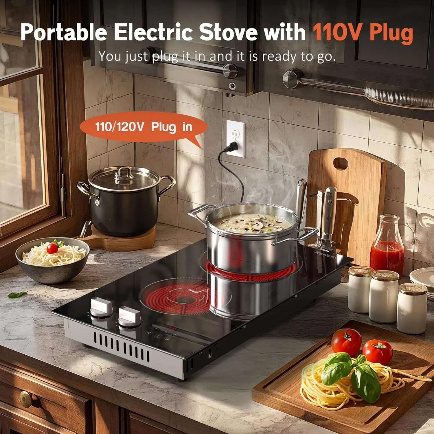 2 Bruner Electric Cooktop, Plug in Cooktop 110v, 12 Inch Kitchen Electric Stove Countertop & Built-In, Knob and Touch Control, 9 Power Levels, 2000w, Safety Lock, Pause, Timer, Karienvir