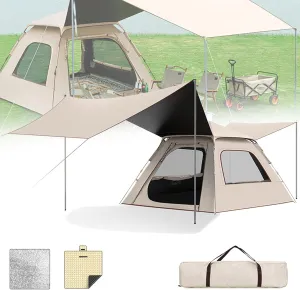 2 in 1 Pop Up Camping Tent with Awning, 2 Doors 2 Window, 9m² Sunshade Space, Waterproof Tent Lightweight & Portable Easy Setup for Hiking Backpacking, Include Carry Bag,4-6People