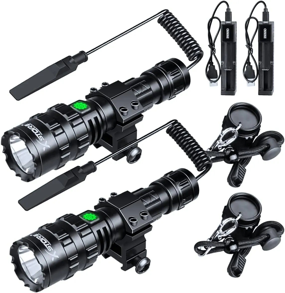 2 Pack 3000 Lumen LED Tactical Flashlight with Pressure Switch, Picatinny Rail Mount Flashlight USB Rechargeable IP65 Waterproof Rifle Light 5 Modes for Hunting, Camping & Emergency