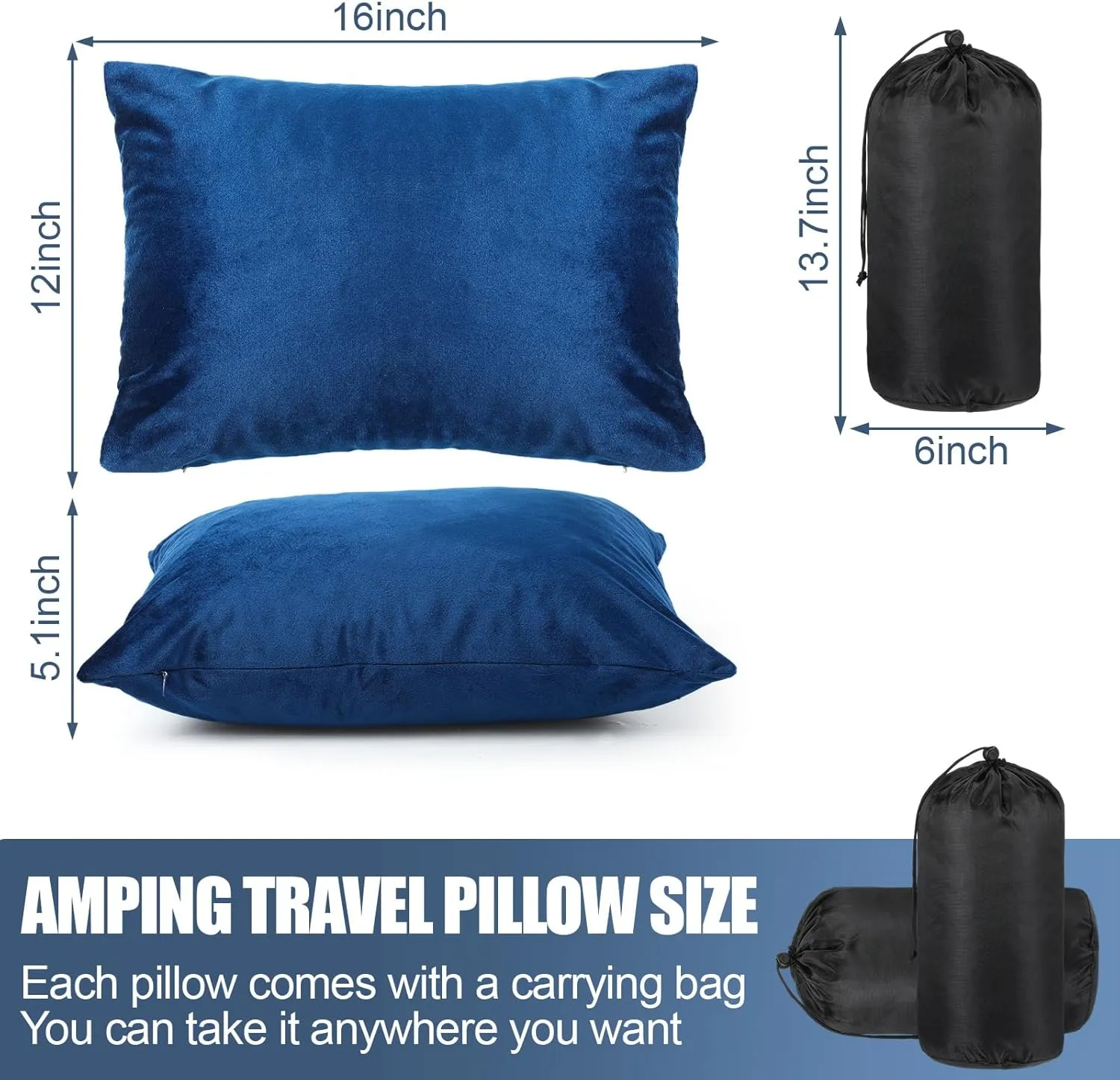 2 Pack Camping Pillow for Sleeping Shredded Memory Foam Travel Pillow with Storage Bag, Compressible Portable Pillow for Outdoor Camp Backpacking Hiking Essential Gear (Blue, Small)