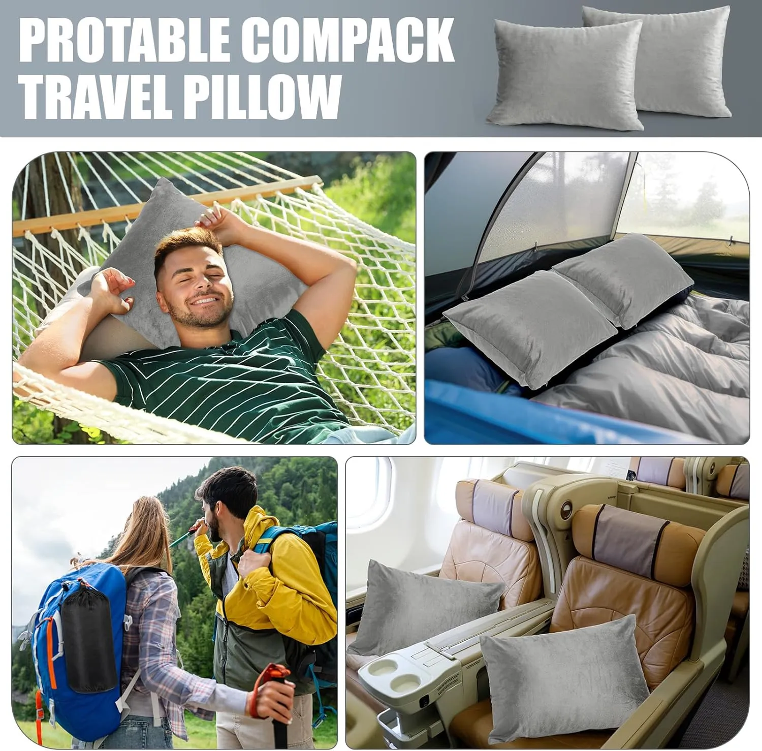 2 Pack Camping Pillow for Sleeping Shredded Memory Foam Travel Pillow with Storage Bag, Compressible Portable Pillow for Outdoor Camp Backpacking Hiking Essential Gear(Grey,Medium)