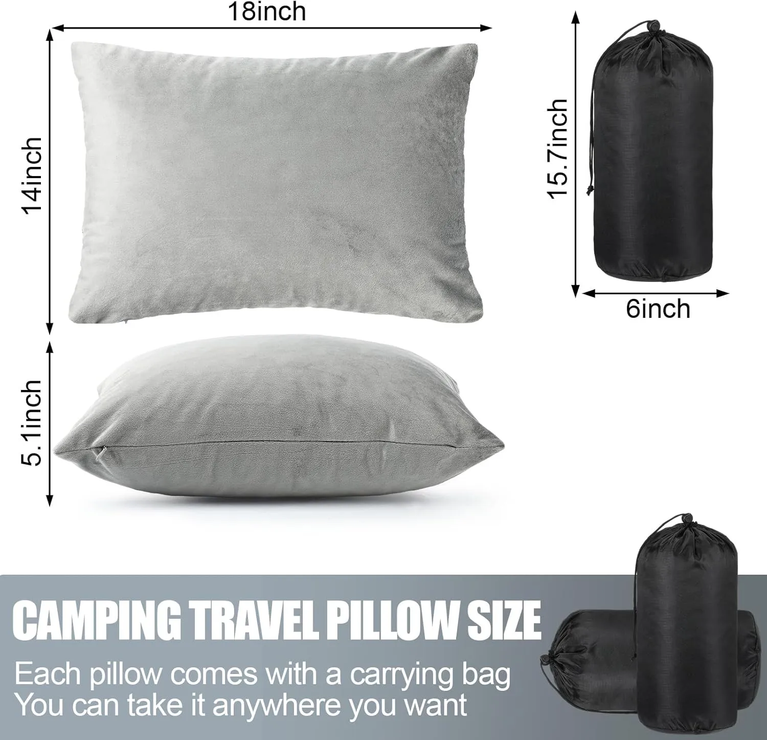 2 Pack Camping Pillow for Sleeping Shredded Memory Foam Travel Pillow with Storage Bag, Compressible Portable Pillow for Outdoor Camp Backpacking Hiking Essential Gear(Grey,Medium)
