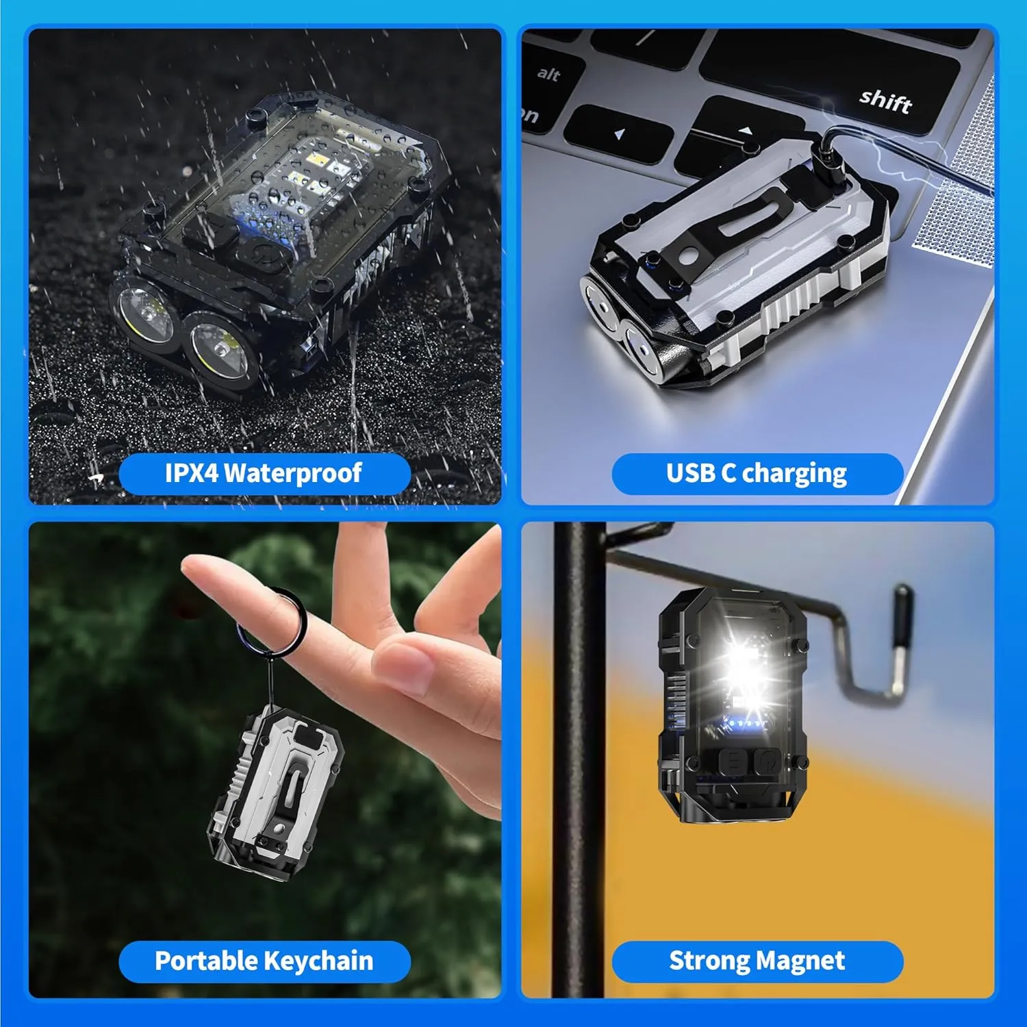 2 Pack Mini Keychain Flashlight with Clip, LED Magnetic EDC Key Chain Light for Mechanics with COB Sidelight, USB C Rechargeable Small Multi-Use Waterproof Light for Work Car Repair