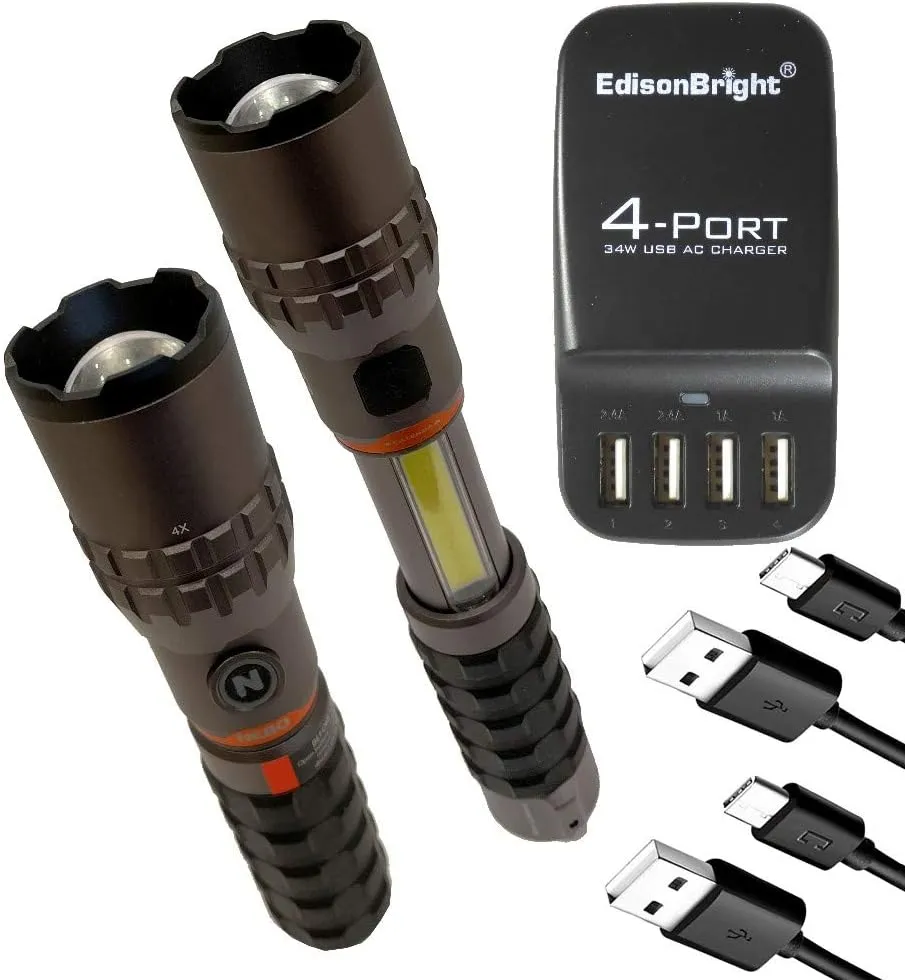 2 Pack NEBO Slyde King 2K 2000 lumen flashlight / 500 lumen worklight 2-in-1 rechargeable high power LED flashlighs WLT-1003 with EdisonBright 4 port USB charger bundle