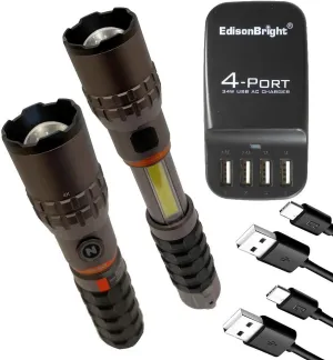 2 Pack NEBO Slyde King 2K 2000 lumen flashlight / 500 lumen worklight 2-in-1 rechargeable high power LED flashlighs WLT-1003 with EdisonBright 4 port USB charger bundle