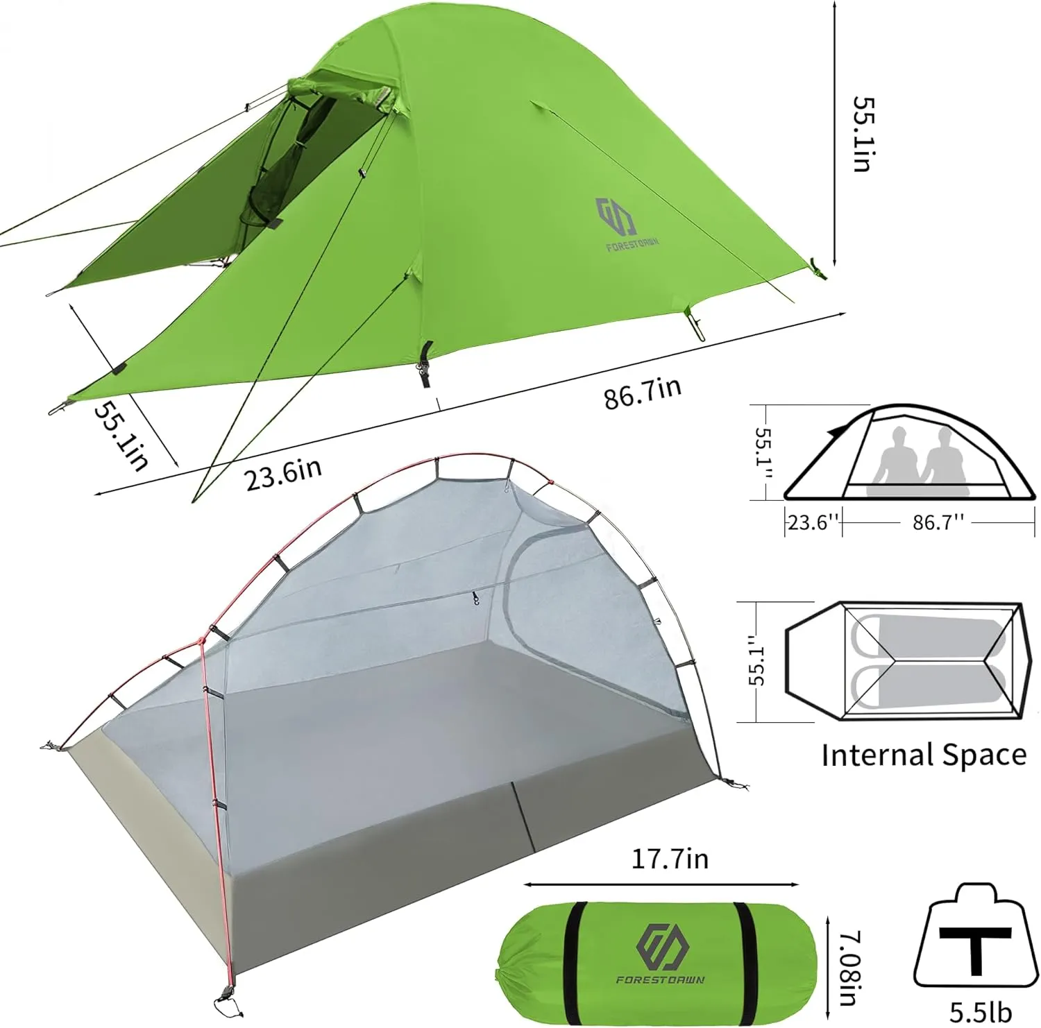 2 Person Camping Tent with 3 Aluminum Alloy Poles, 4 or 3 Season Waterproof Tent, Double Layer,Easy Setup, 2 Doors for Outdoor Hiking,Mountaineering,Survival,Travel