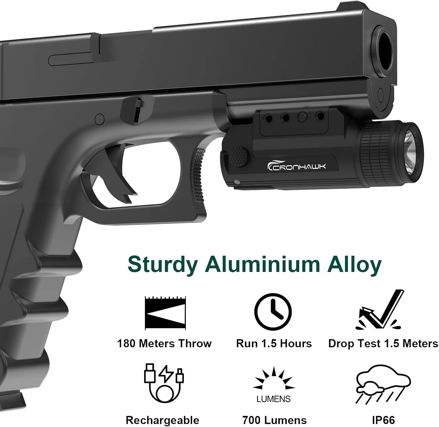 2 Pieces Rechargeable 700 Lumen Pistol Flashlight Rail Mounted Handgun Light