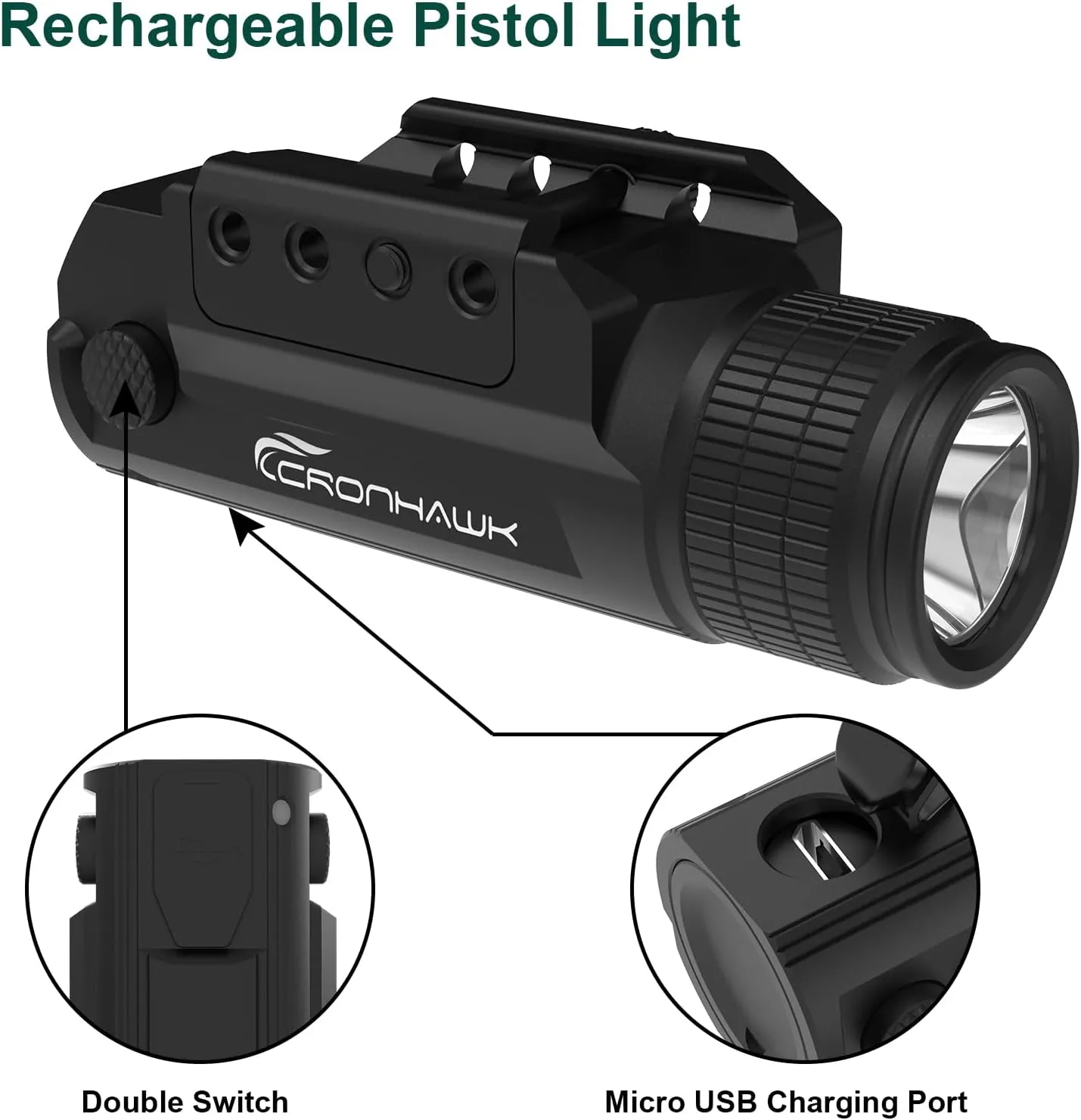 2 Pieces Rechargeable 700 Lumen Pistol Flashlight Rail Mounted Handgun Light
