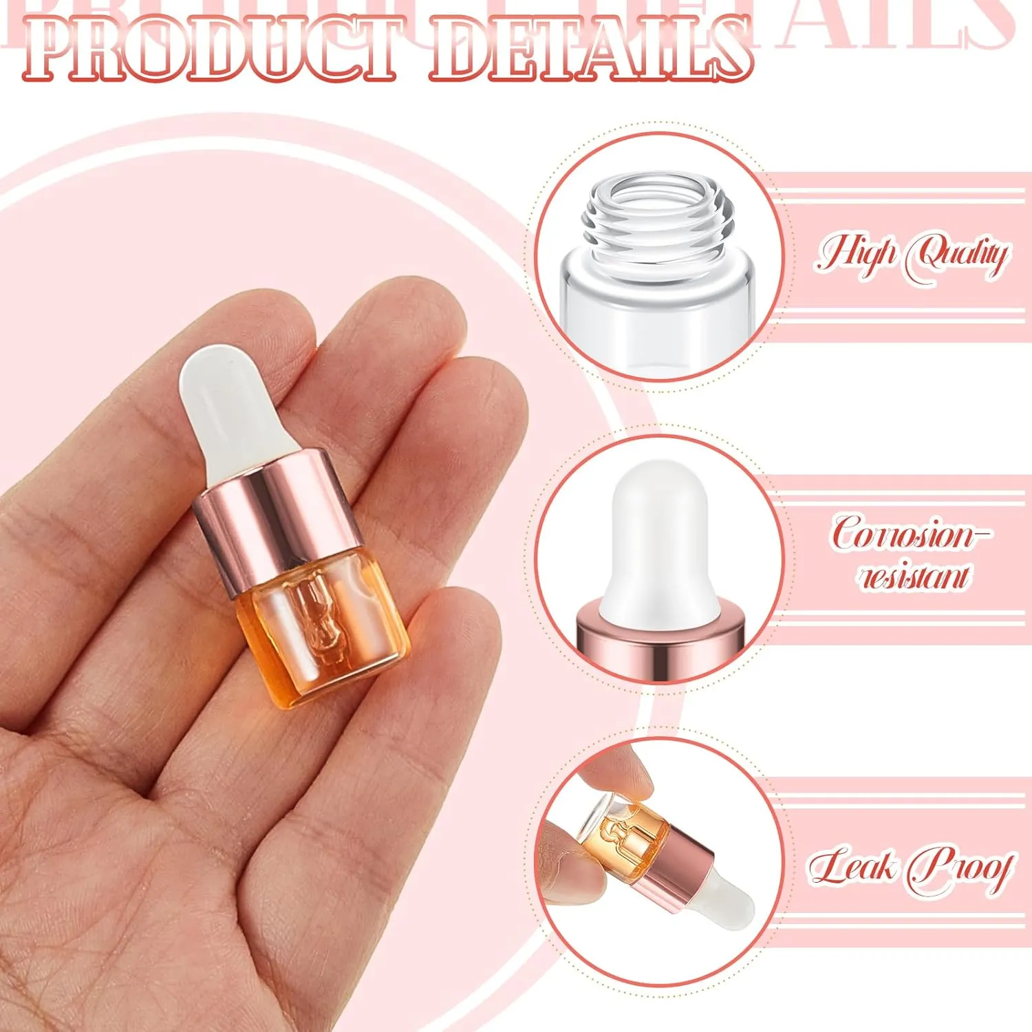 200 Pcs Mini Glass Dropper Bottles Mini Sample Bottles Small Sample Vials with Lid for Traveling Essential Oils Cosmetic Liquid Perfume(1 ml,Rose Gold)