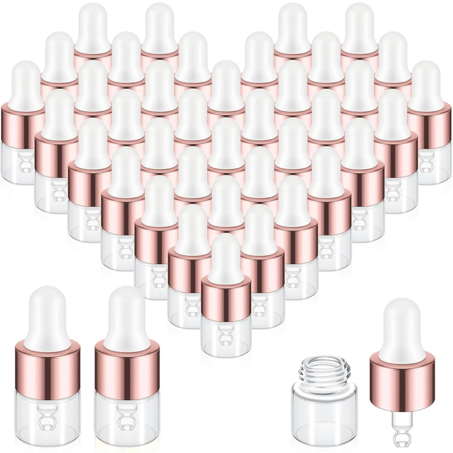 200 Pcs Mini Glass Dropper Bottles Mini Sample Bottles Small Sample Vials with Lid for Traveling Essential Oils Cosmetic Liquid Perfume(1 ml,Rose Gold)