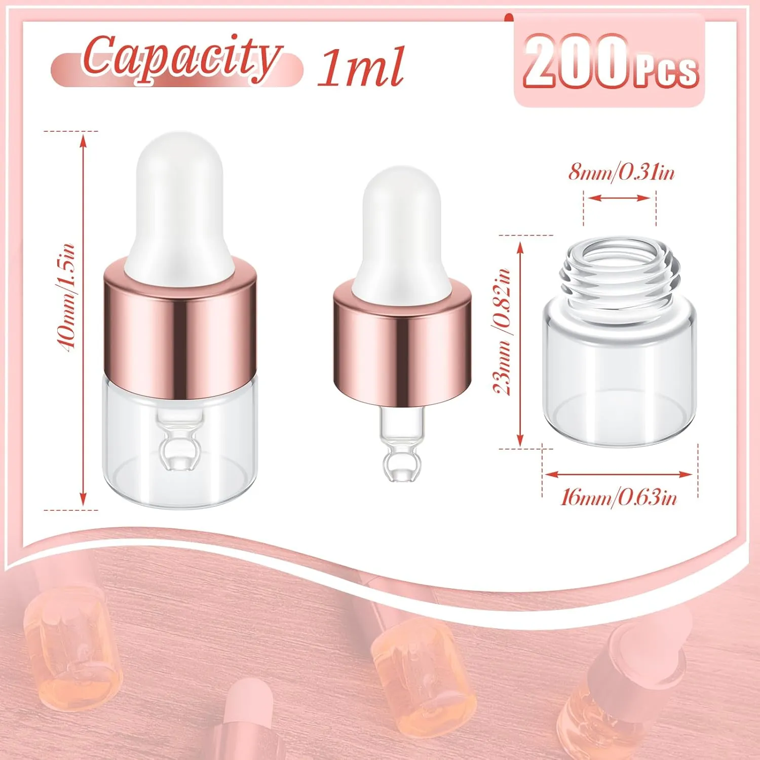 200 Pcs Mini Glass Dropper Bottles Mini Sample Bottles Small Sample Vials with Lid for Traveling Essential Oils Cosmetic Liquid Perfume(1 ml,Rose Gold)