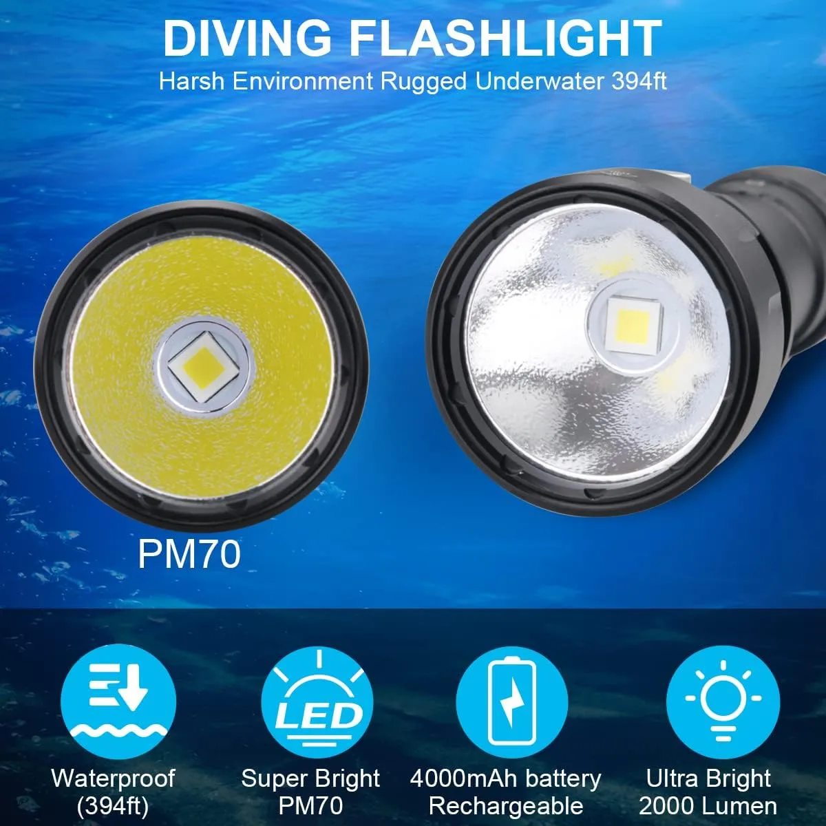 2000 Lumens Scuba Diving Flashlight Rechargeable Underwater Dive Light for Snorkeling IPX8 Waterproof 873ft Super Bright LED Torch (PM70)