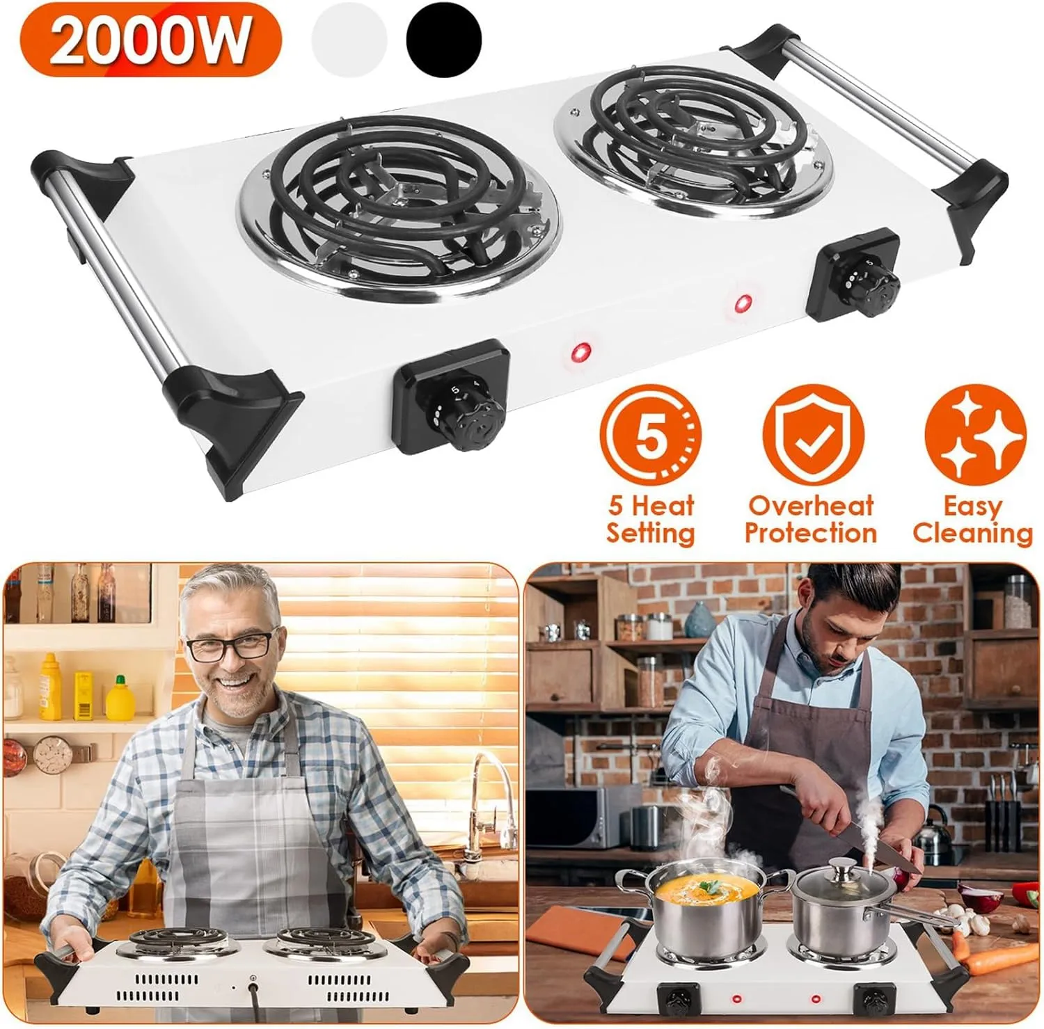 2000W Portable Electric Stove for Cooking，Electric Dual Burner Coil Heating Hot Plate Stove Countertop RV Hotplate with 5 Temperature Adjustments Portable Handles，Silver