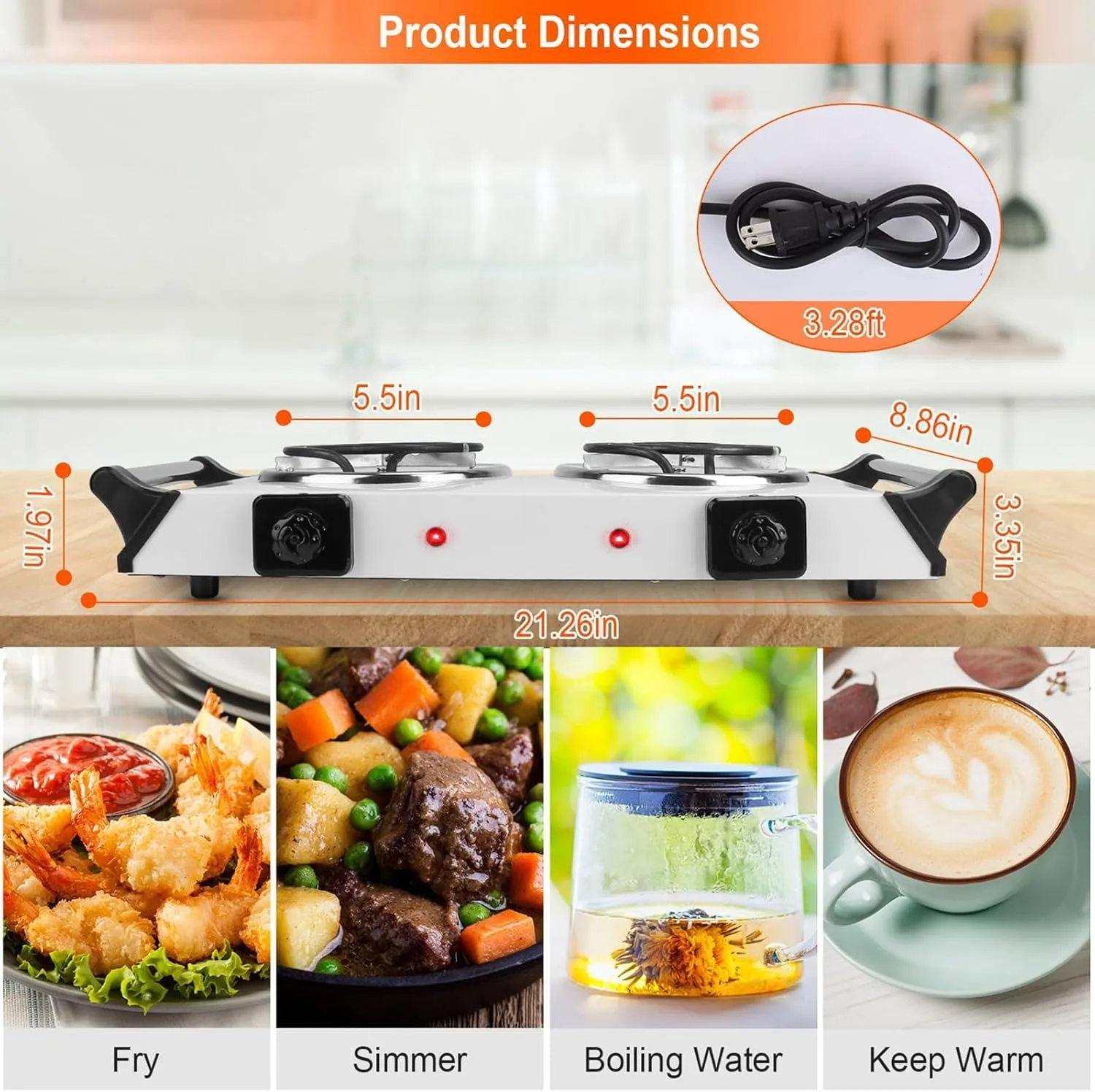 2000W Portable Electric Stove for Cooking，Electric Dual Burner Coil Heating Hot Plate Stove Countertop RV Hotplate with 5 Temperature Adjustments Portable Handles，Silver
