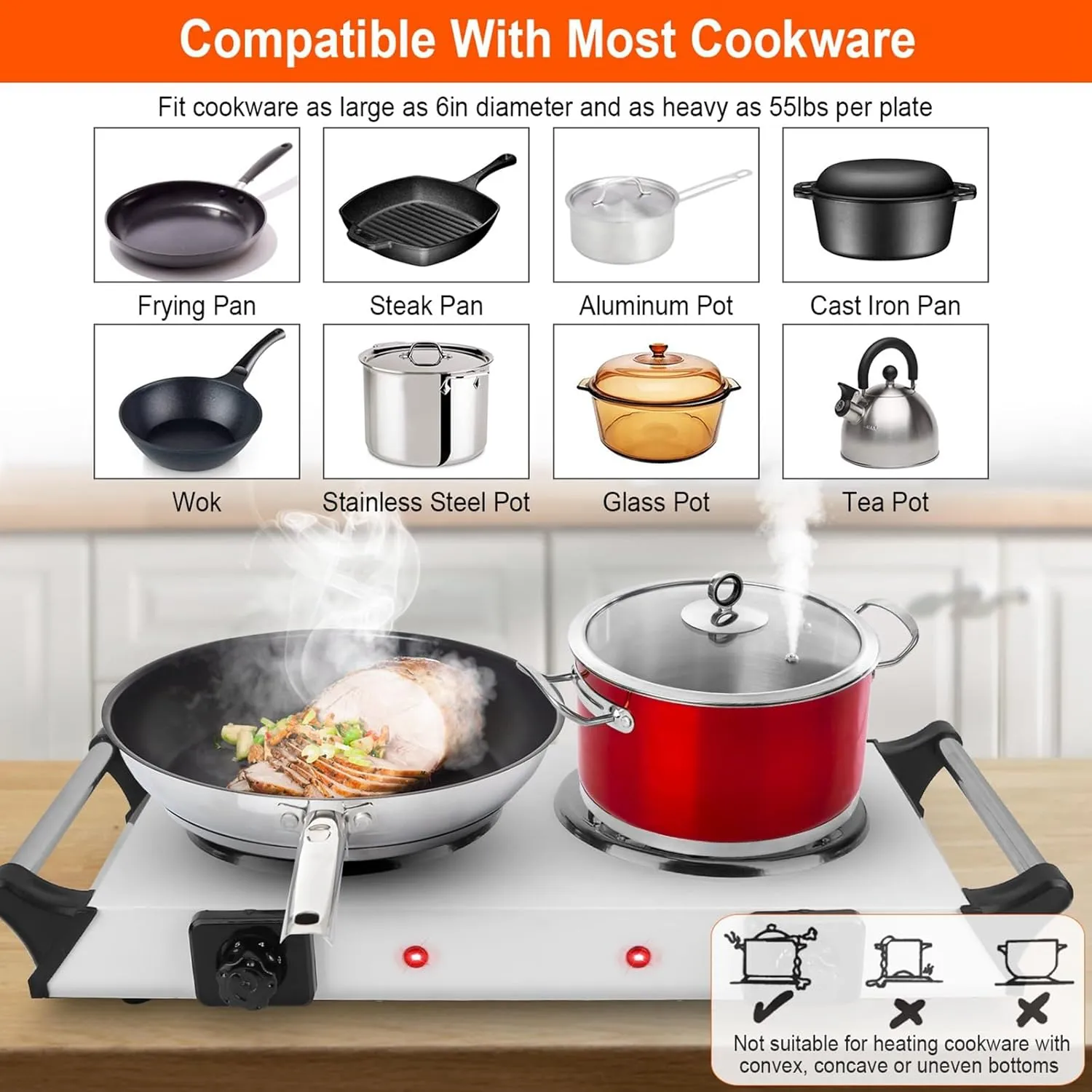 2000W Portable Electric Stove for Cooking，Electric Dual Burner Coil Heating Hot Plate Stove Countertop RV Hotplate with 5 Temperature Adjustments Portable Handles，Silver