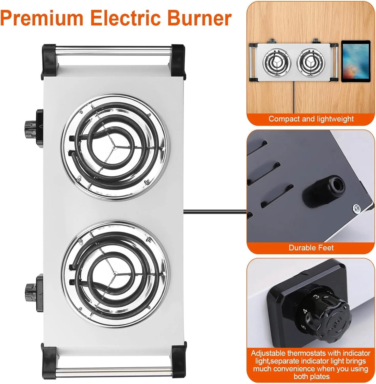 2000W Portable Electric Stove for Cooking，Electric Dual Burner Coil Heating Hot Plate Stove Countertop RV Hotplate with 5 Temperature Adjustments Portable Handles，Silver