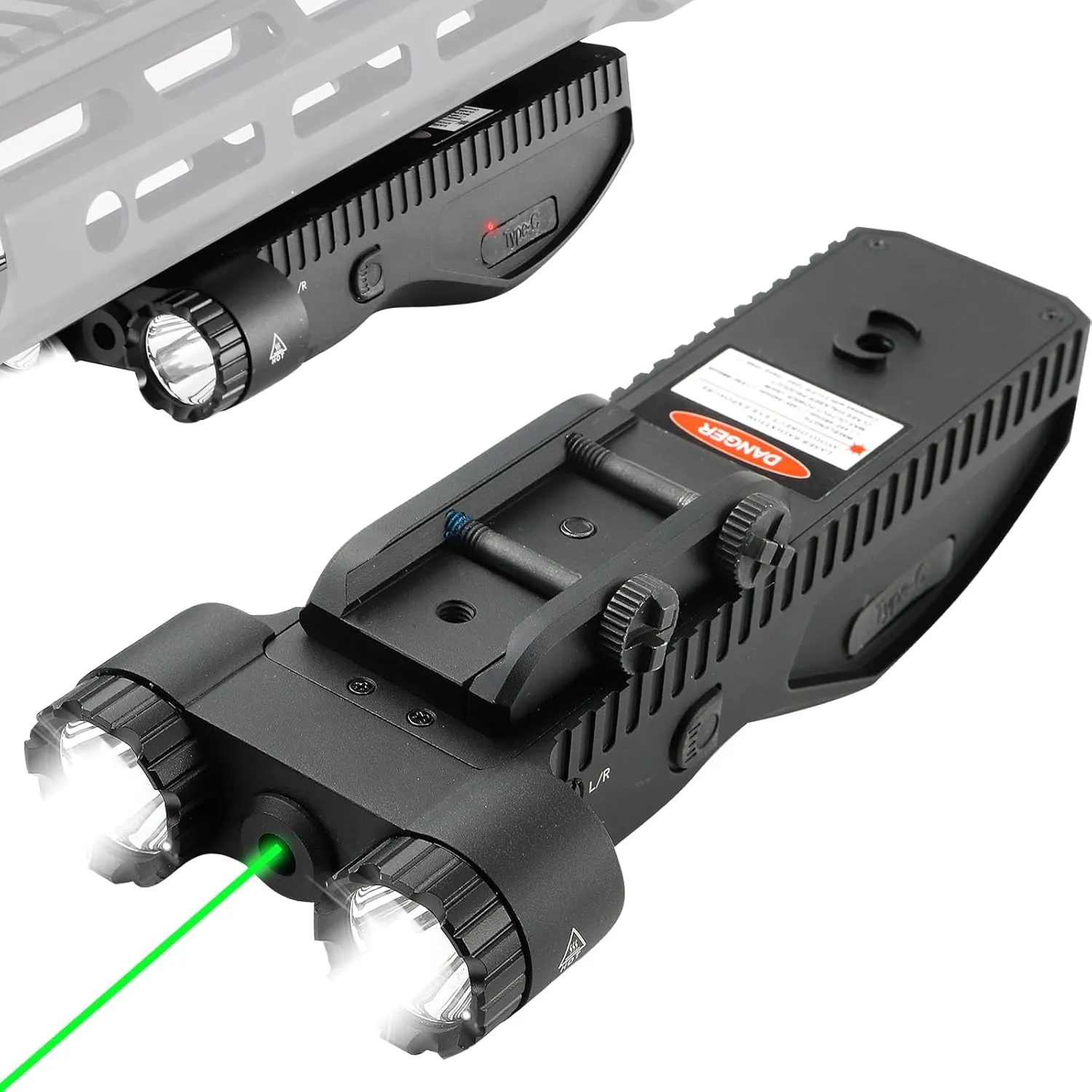 2200 Lumen Tactical Flashlight with Green Laser Beam Combo, Low Profile Design Rechargeable Weapon Light Picatinny Rail mlock Mounted with Momentary Strobe Function Rifle Flashlight