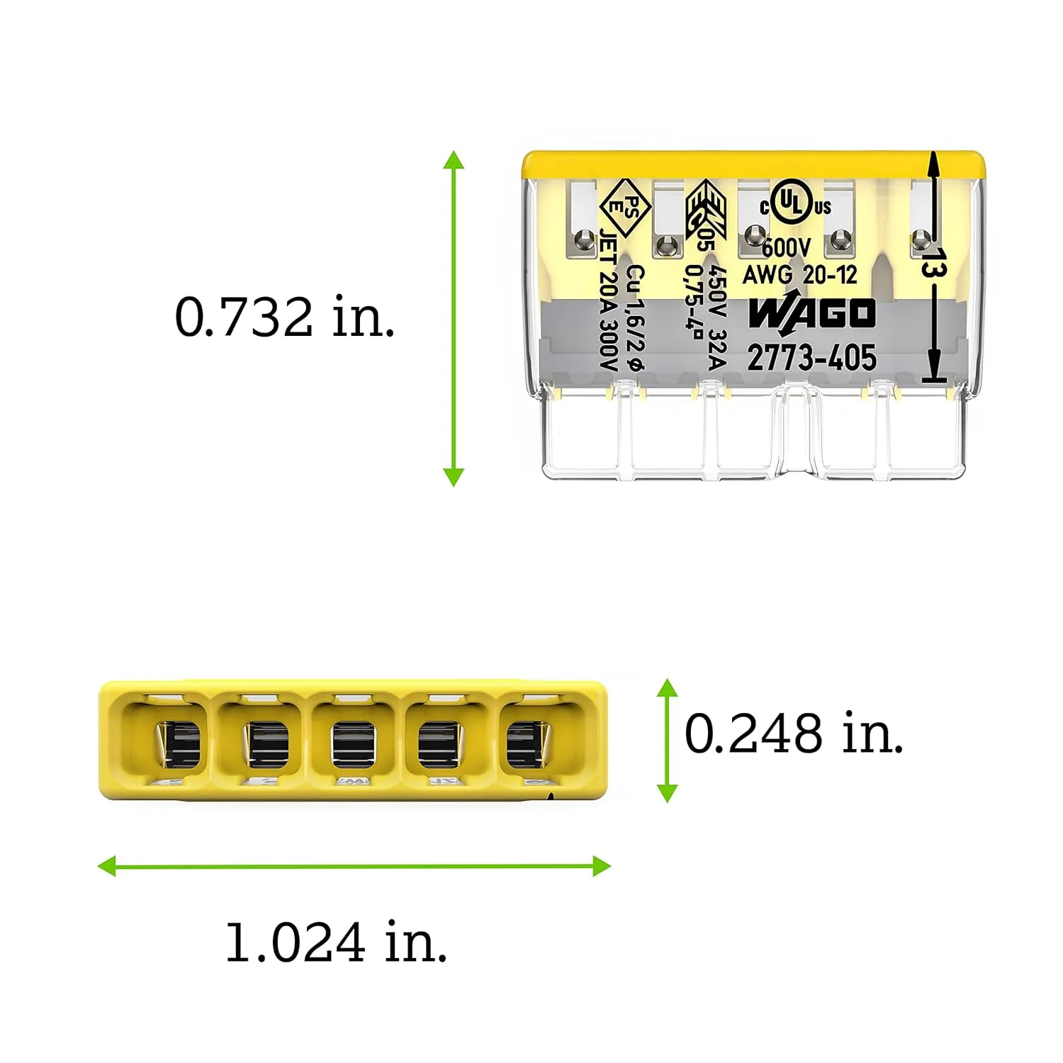 2773-405 | WAGO Wall-Nuts® PUSHWIRE® Splicing Connector | for Solid and Stranded Conductors | 5-Conductor | Yellow Cover | [Bag of 500 Pieces]