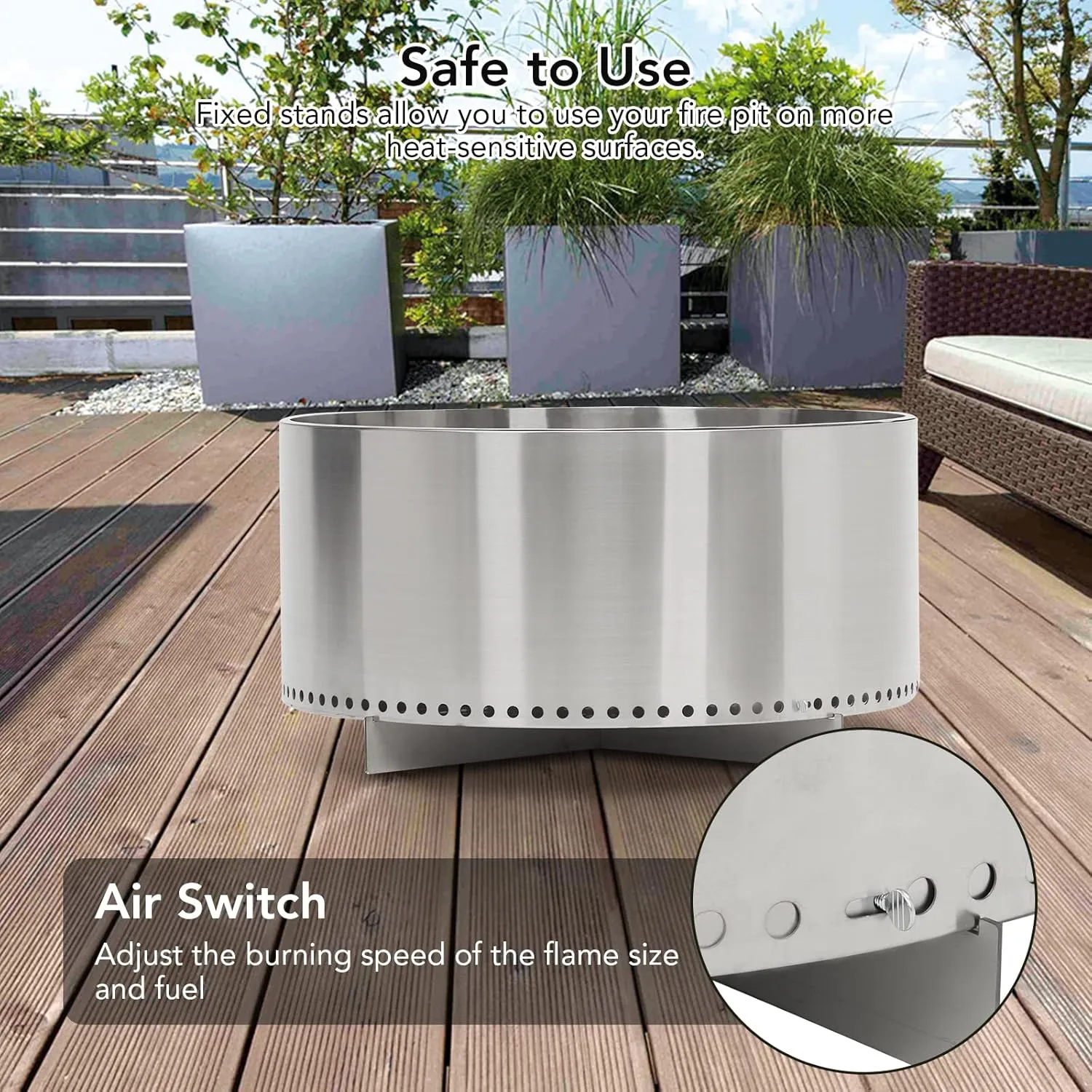 27" Portable Stainless Steel Smokeless Fire Pit with Removable Stand and Ash Pan - For Camping, Backyard, Patio