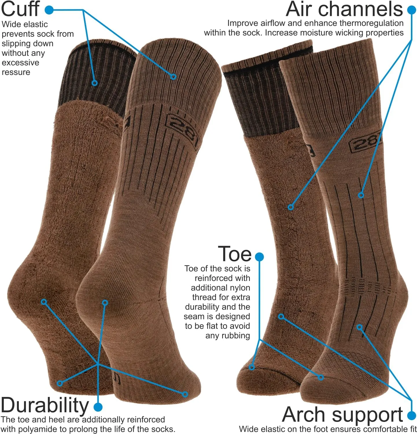 281Z Military Winter Cushioned Mid-Calf Wool Boot Socks - Tactical Trekking Hiking Outdoor Hunting (Coyote Brown)