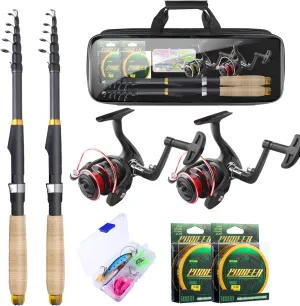 2PCS Fishing Rod and Reel Combos,Telescopic Fishing Pole Spinning Reels Sets, Collapsible Fishing Rod Full Kit with Carrier Bag for Travel Saltwater Freshwater Fishing Poles