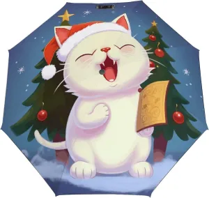 3 Fold Manual Umbrella,Cute Cat Sing Christmas Carols Print Folding Umbrella,Portable Travel Umbrella,Windproof Travel Umbrella with Cover Bag