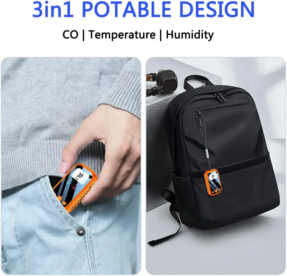 [3-in-1] Carbon Monoxide Detector Portable Mini Air Quality Monitor with Lanyard Alarm CO Meter Temperature Humidity Sensor Built-in 1000mAh Battery, Indoor/Outdoor (Orange)
