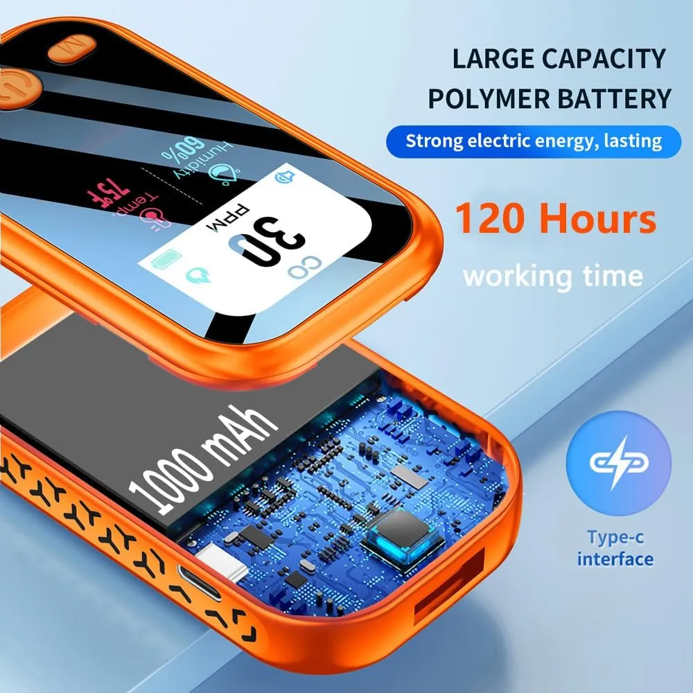 [3-in-1] Carbon Monoxide Detector Portable Mini Air Quality Monitor with Lanyard Alarm CO Meter Temperature Humidity Sensor Built-in 1000mAh Battery, Indoor/Outdoor (Orange)