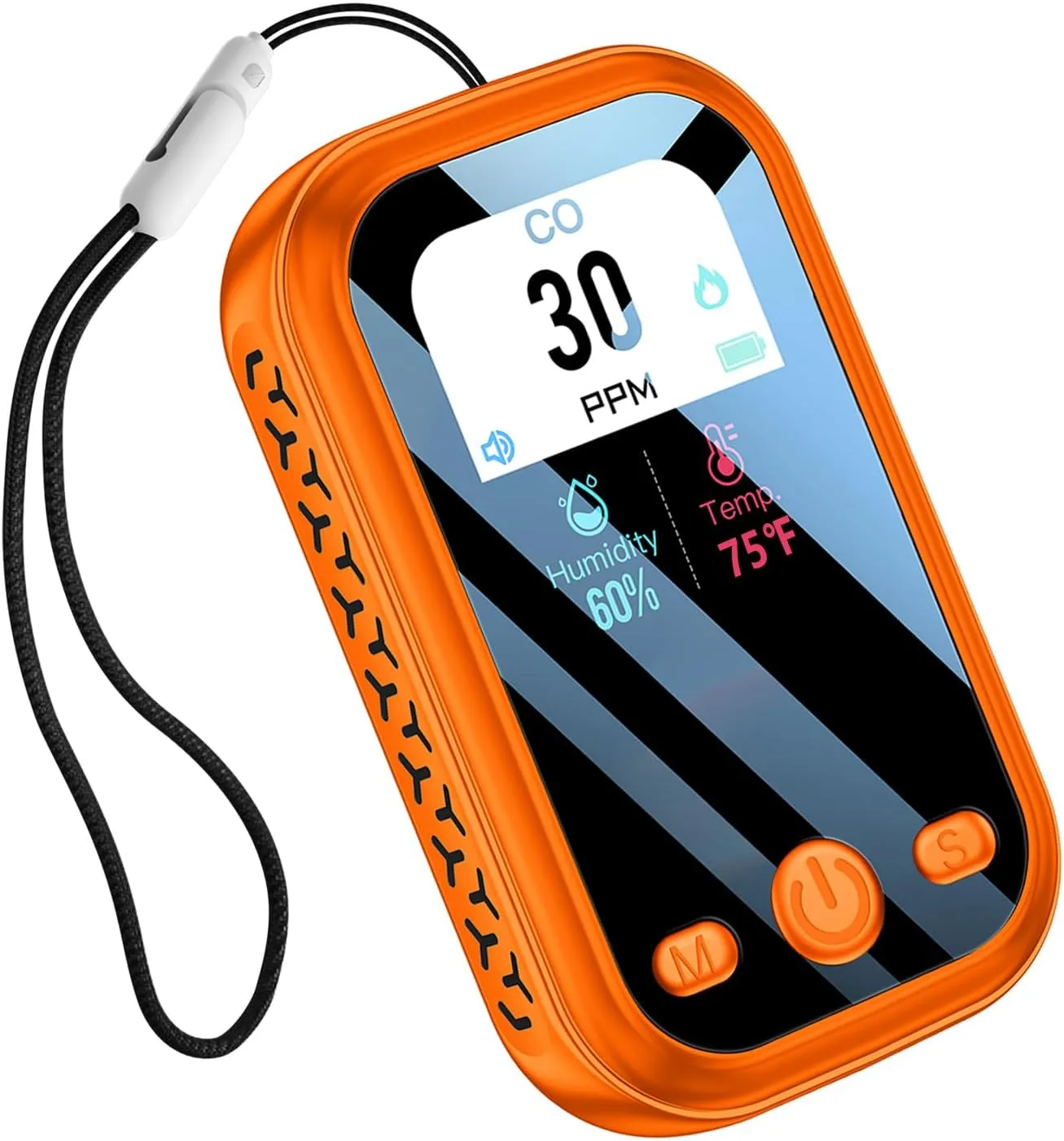 [3-in-1] Carbon Monoxide Detector Portable Mini Air Quality Monitor with Lanyard Alarm CO Meter Temperature Humidity Sensor Built-in 1000mAh Battery, Indoor/Outdoor (Orange)