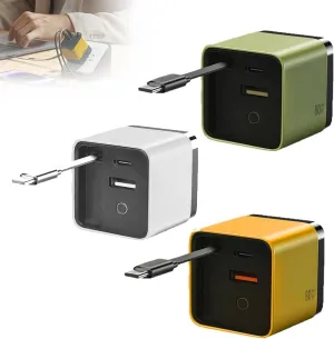 3 in 1 GaN Charger, 2025 Retractable Phone Charger Wall Plug with Type C Cable and 2 USB Ports, Scalable 80w Max Fast Charging Module for iPhone, Phone, Laptops (3pcs，Mixed)