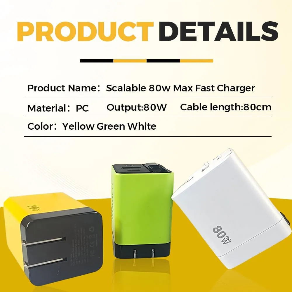 3 in 1 GaN Charger, 2025 Retractable Phone Charger Wall Plug with Type C Cable and 2 USB Ports, Scalable 80w Max Fast Charging Module for iPhone, Phone, Laptops (3pcs，Mixed)