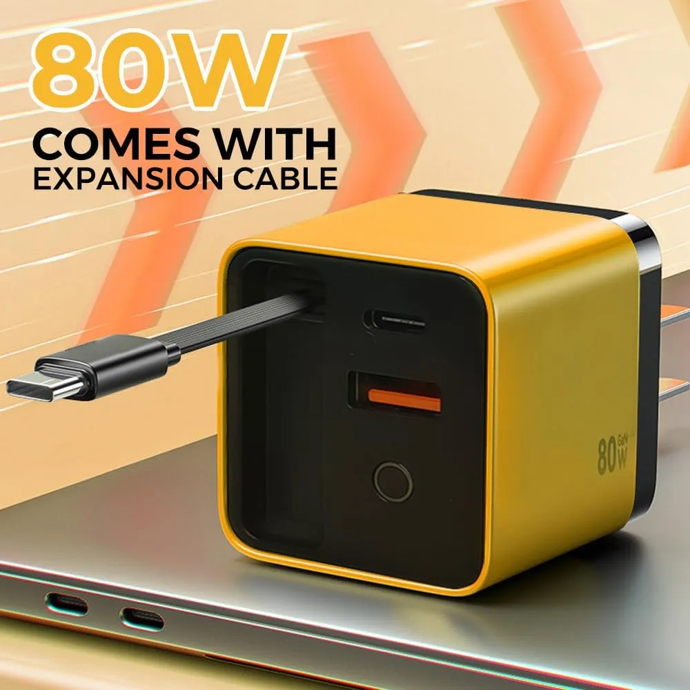 3 in 1 GaN Charger, 2025 Retractable Phone Charger Wall Plug with Type C Cable and 2 USB Ports, Scalable 80w Max Fast Charging Module for iPhone, Phone, Laptops (3pcs，Mixed)