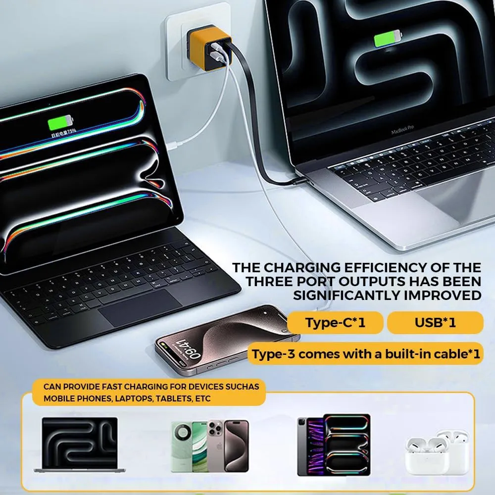 3 in 1 GaN Charger, 2025 Retractable Phone Charger Wall Plug with Type C Cable and 2 USB Ports, Scalable 80w Max Fast Charging Module for iPhone, Phone, Laptops (3pcs，Mixed)