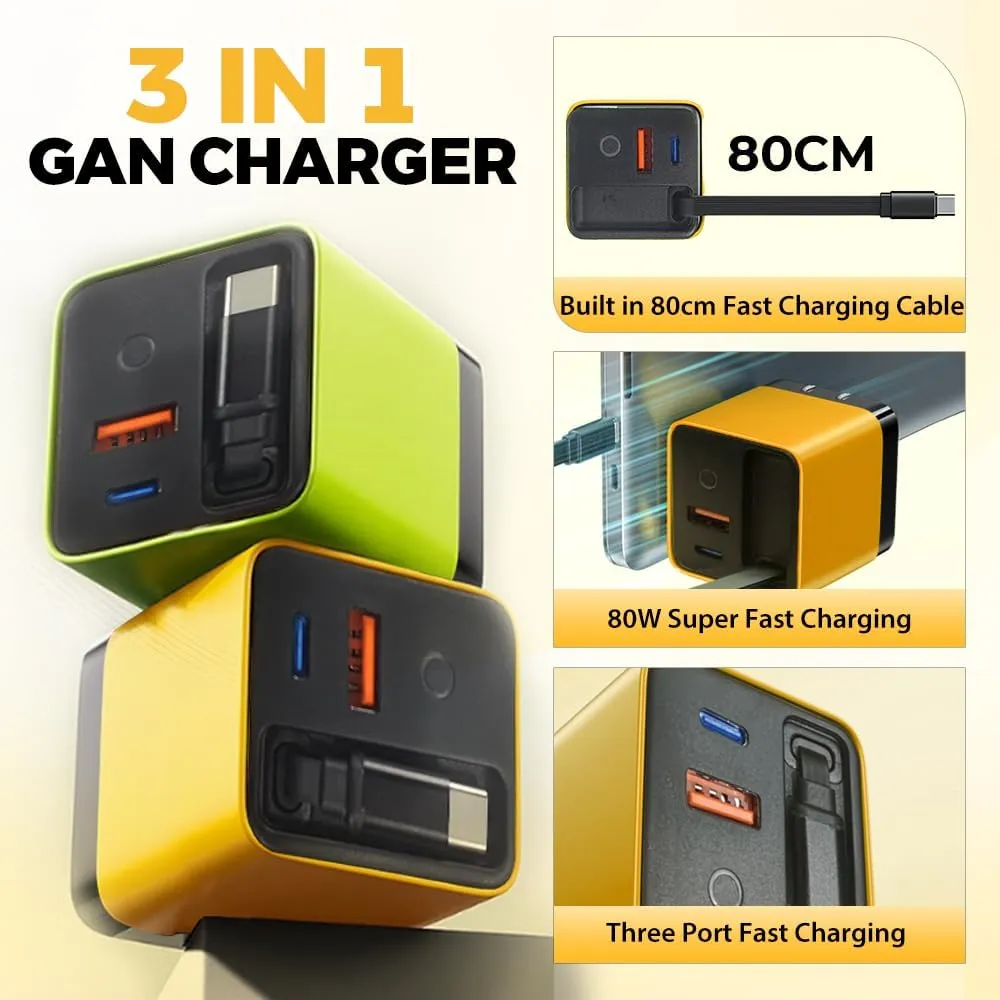 3 in 1 GaN Charger, 2025 Retractable Phone Charger Wall Plug with Type C Cable and 2 USB Ports, Scalable 80w Max Fast Charging Module for iPhone, Phone, Laptops (3pcs，Mixed)