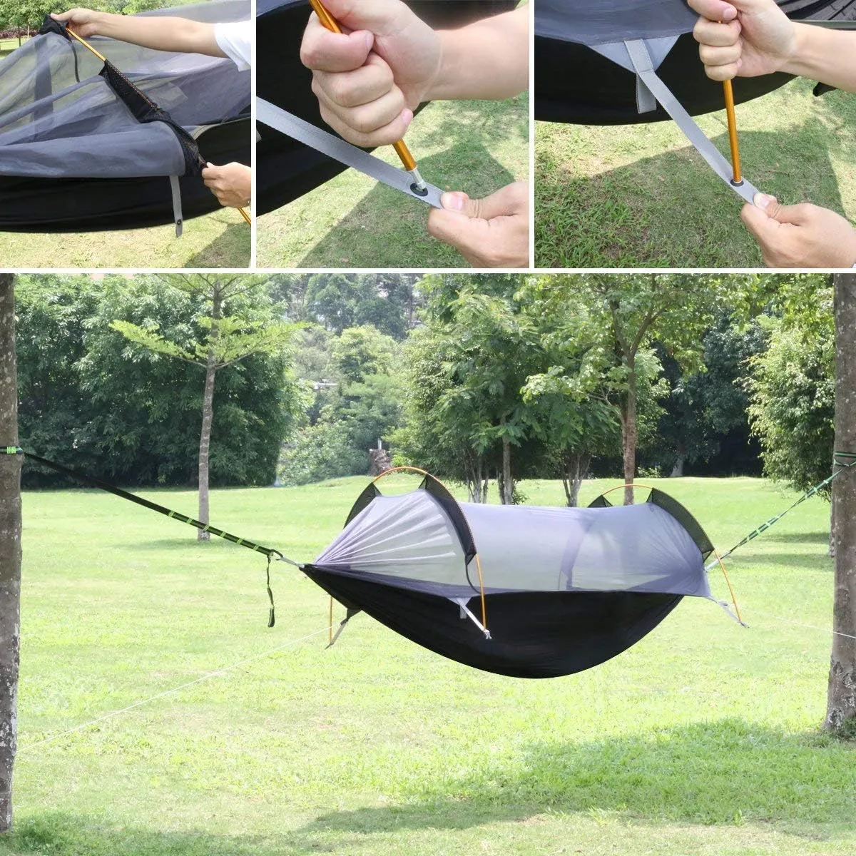 3 in 1 Hammock with Mosquito Net and Rain Fly Outdoor Hammocks Tents for Camping (Green, L)