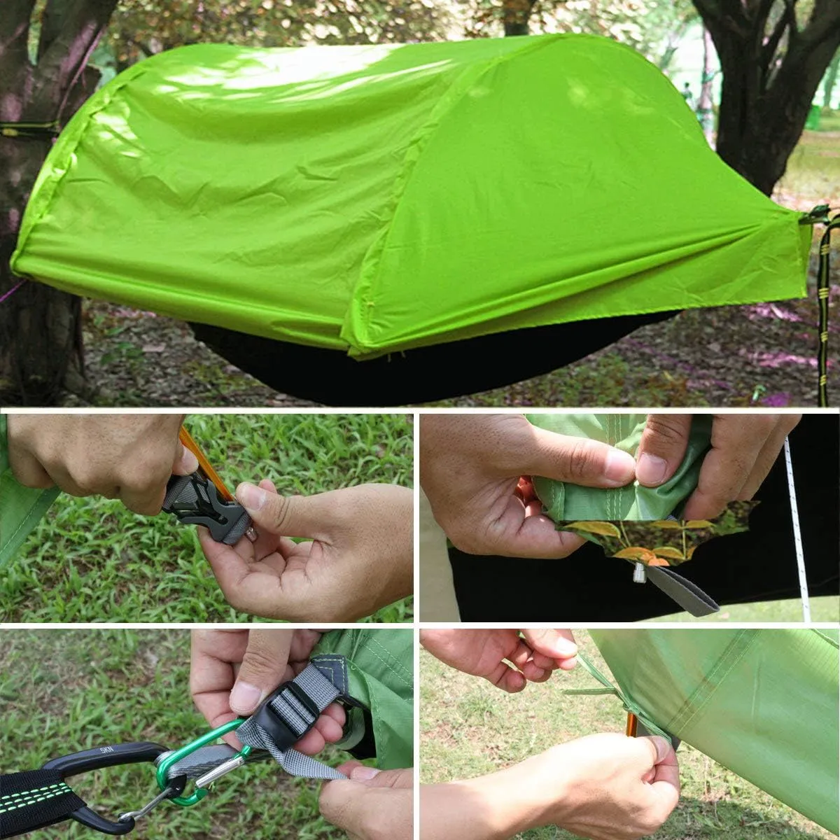 3 in 1 Hammock with Mosquito Net and Rain Fly Outdoor Hammocks Tents for Camping (Green, L)
