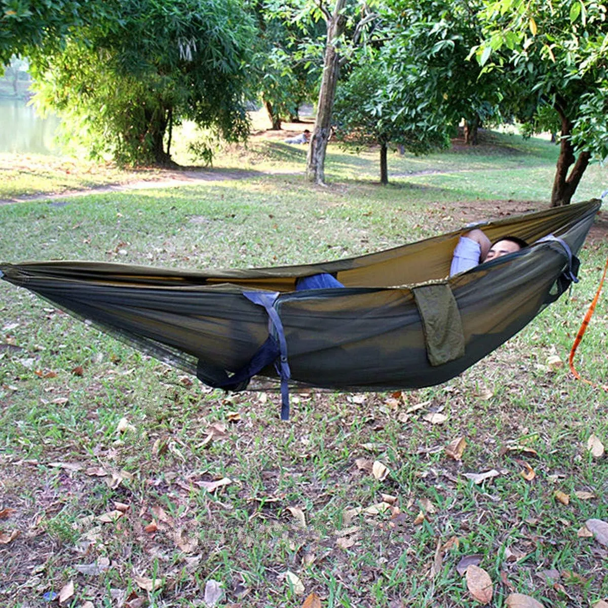 3 in 1 Hammock with Mosquito Net and Rain Fly Outdoor Hammocks Tents for Camping (Green, L)