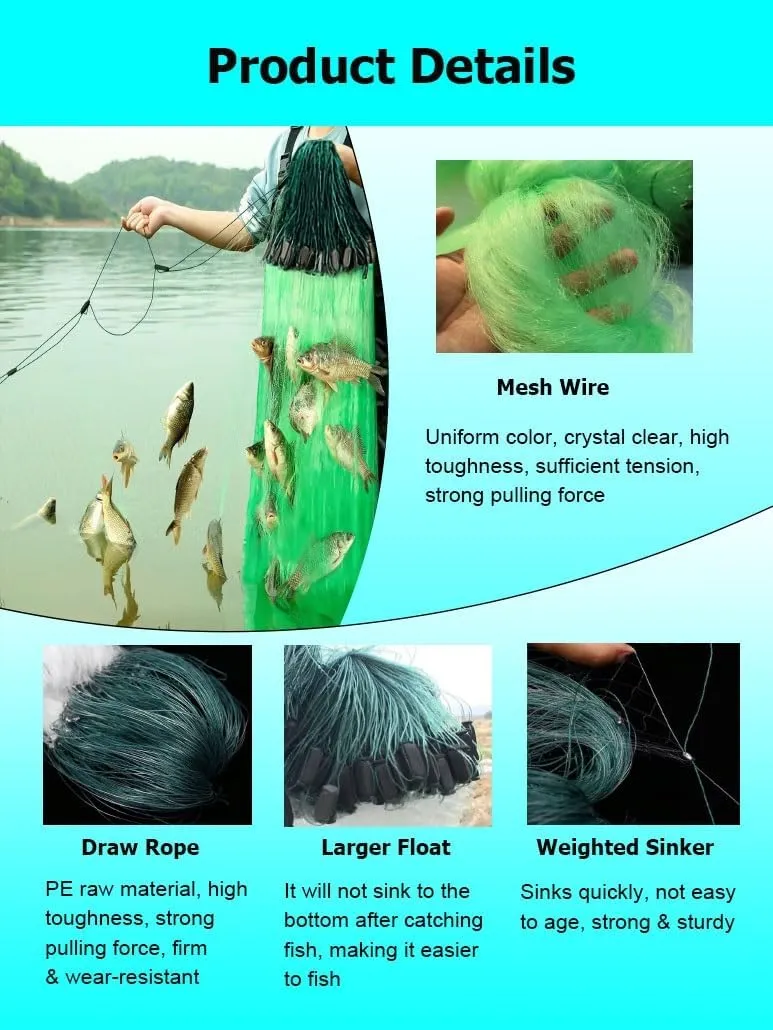 3 Layers Fishing Sticky Net Sunk Net Catch Stick More Fish Easily, Throw Cast Net Reuse with Float, Mesh 5-14 Cm(Green,H1.5m L100m 5f)