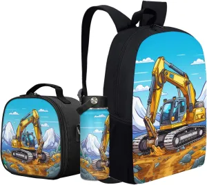 3 Pcs Excavator Backpack Set for Age 3-7 Boys Cool School Bag for Elementary Kids 17 Inch Bookbag for 1St 2Nd Children Book Bag with Lunch Box Water Bottle