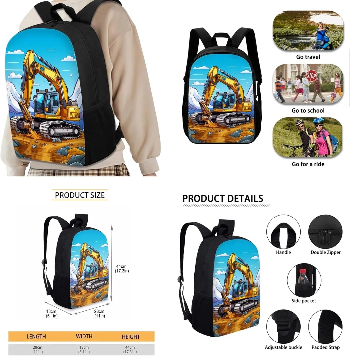 3 Pcs Excavator Backpack Set for Age 3-7 Boys Cool School Bag for Elementary Kids 17 Inch Bookbag for 1St 2Nd Children Book Bag with Lunch Box Water Bottle