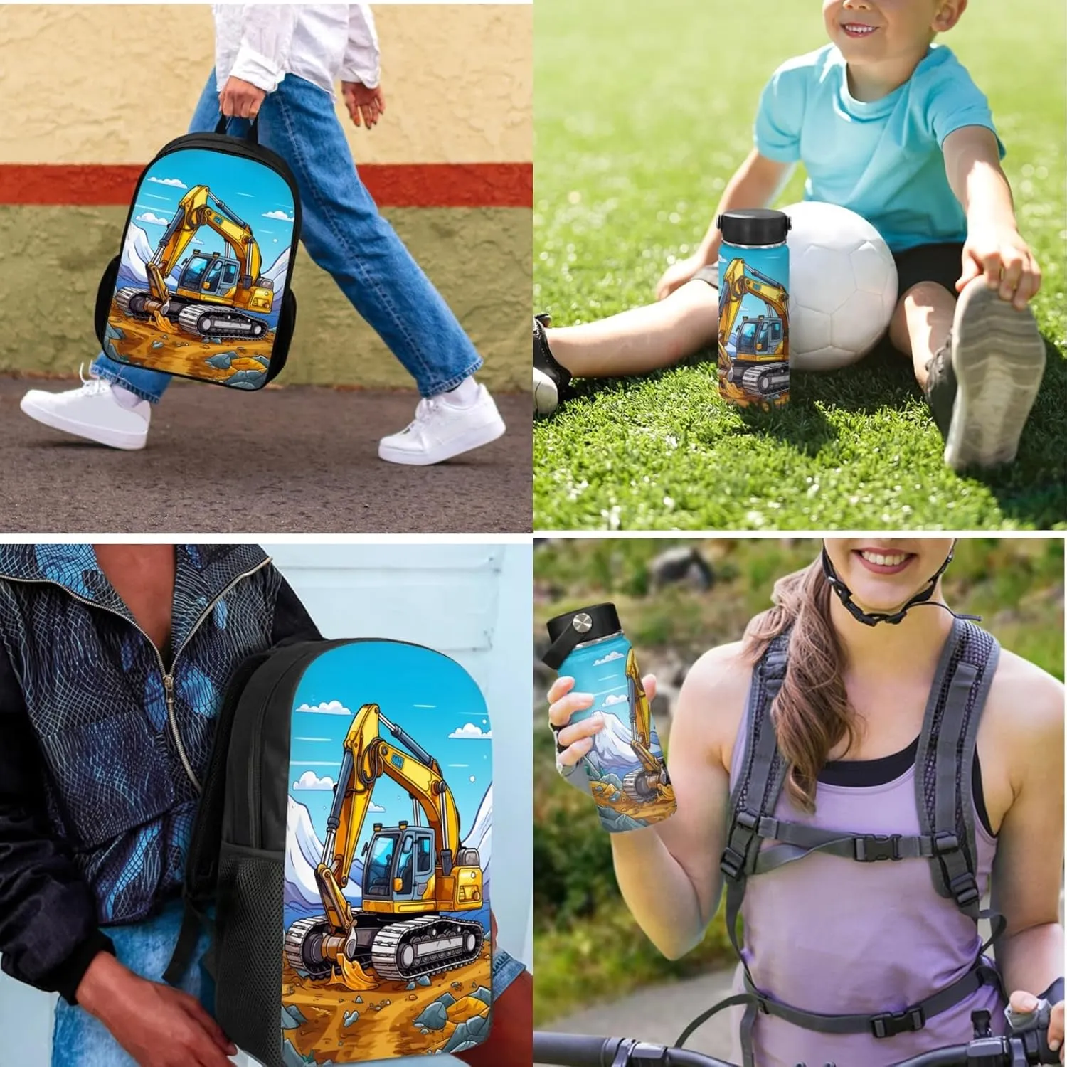 3 Pcs Excavator Backpack Set for Age 3-7 Boys Cool School Bag for Elementary Kids 17 Inch Bookbag for 1St 2Nd Children Book Bag with Lunch Box Water Bottle