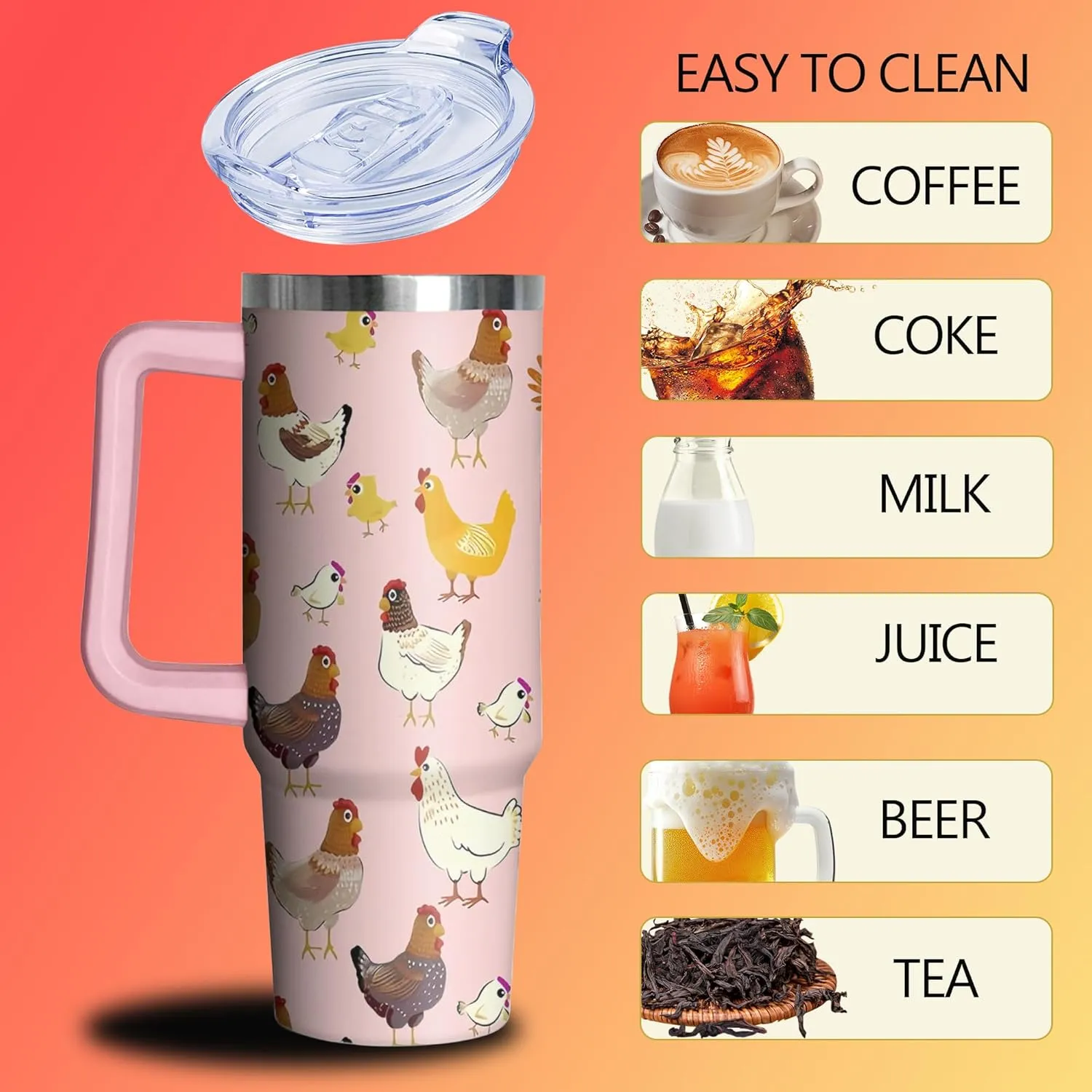 30 oz Chicken Tumbler with Handle and Straw, Hen Insulated Stainless Steel Cup with Lid, Travel Coffee Mug Water Bottle, Gifts for Woman Animal Lovers