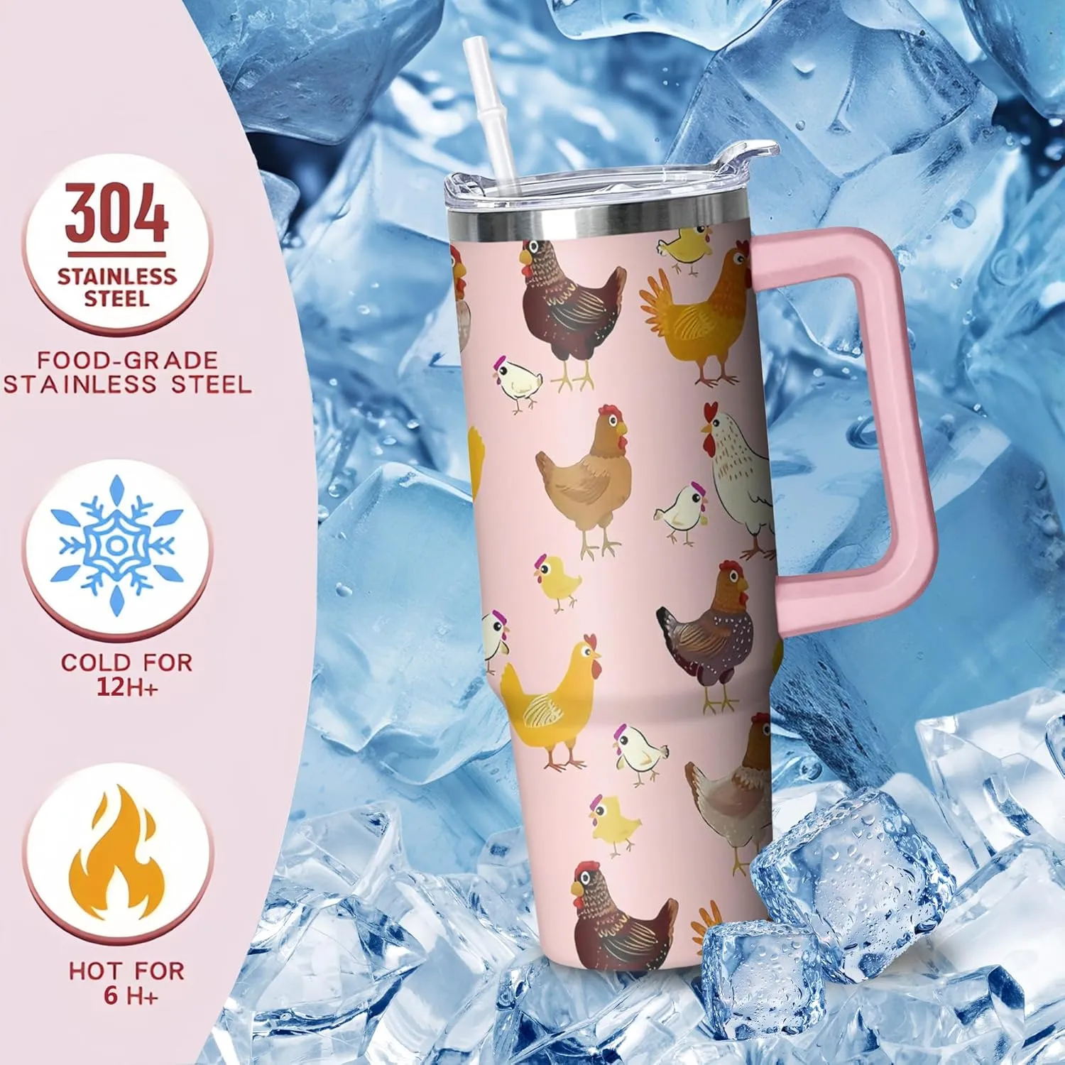 30 oz Chicken Tumbler with Handle and Straw, Hen Insulated Stainless Steel Cup with Lid, Travel Coffee Mug Water Bottle, Gifts for Woman Animal Lovers